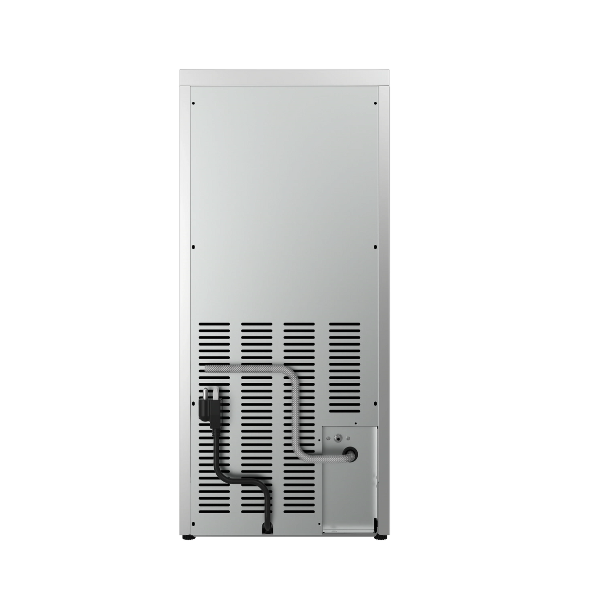 Stainless steel ice maker back panel with hose and drain connection