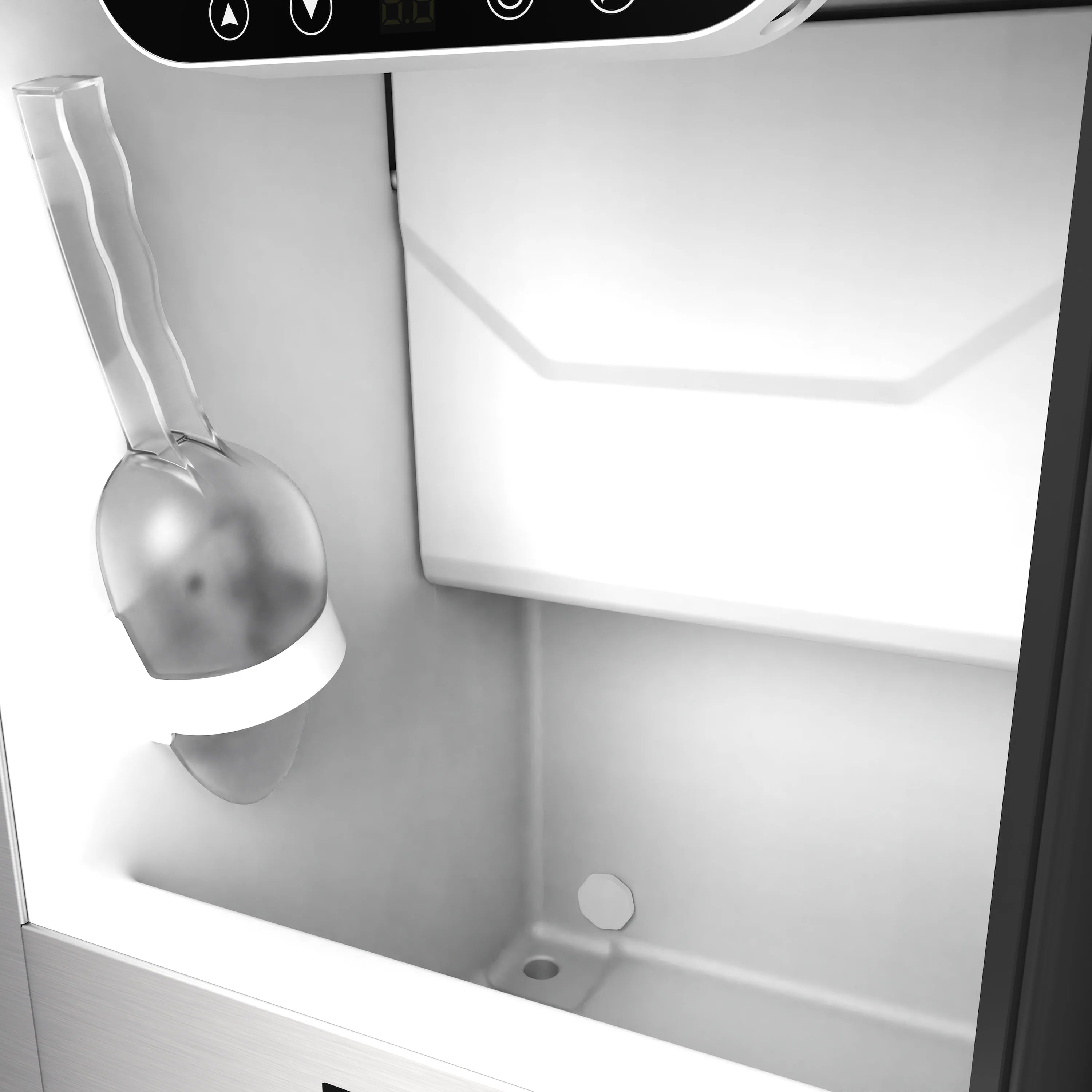 Stainless steel ice maker interior bin with ice scoop and drain area