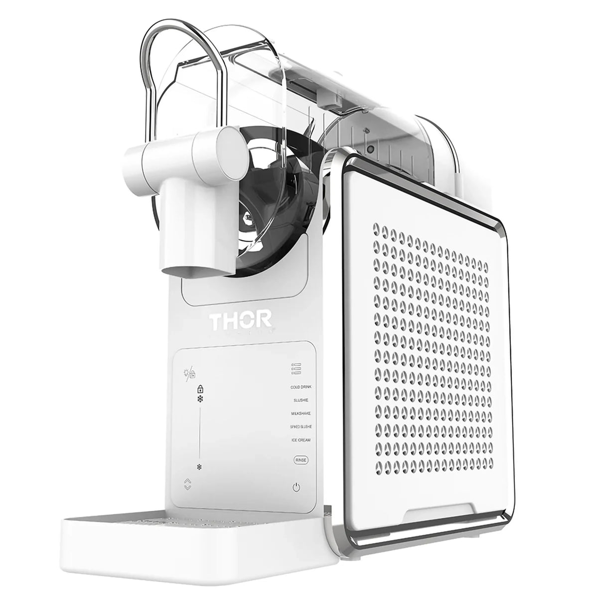 White slushie machine with transparent hopper and open side mixing panel.