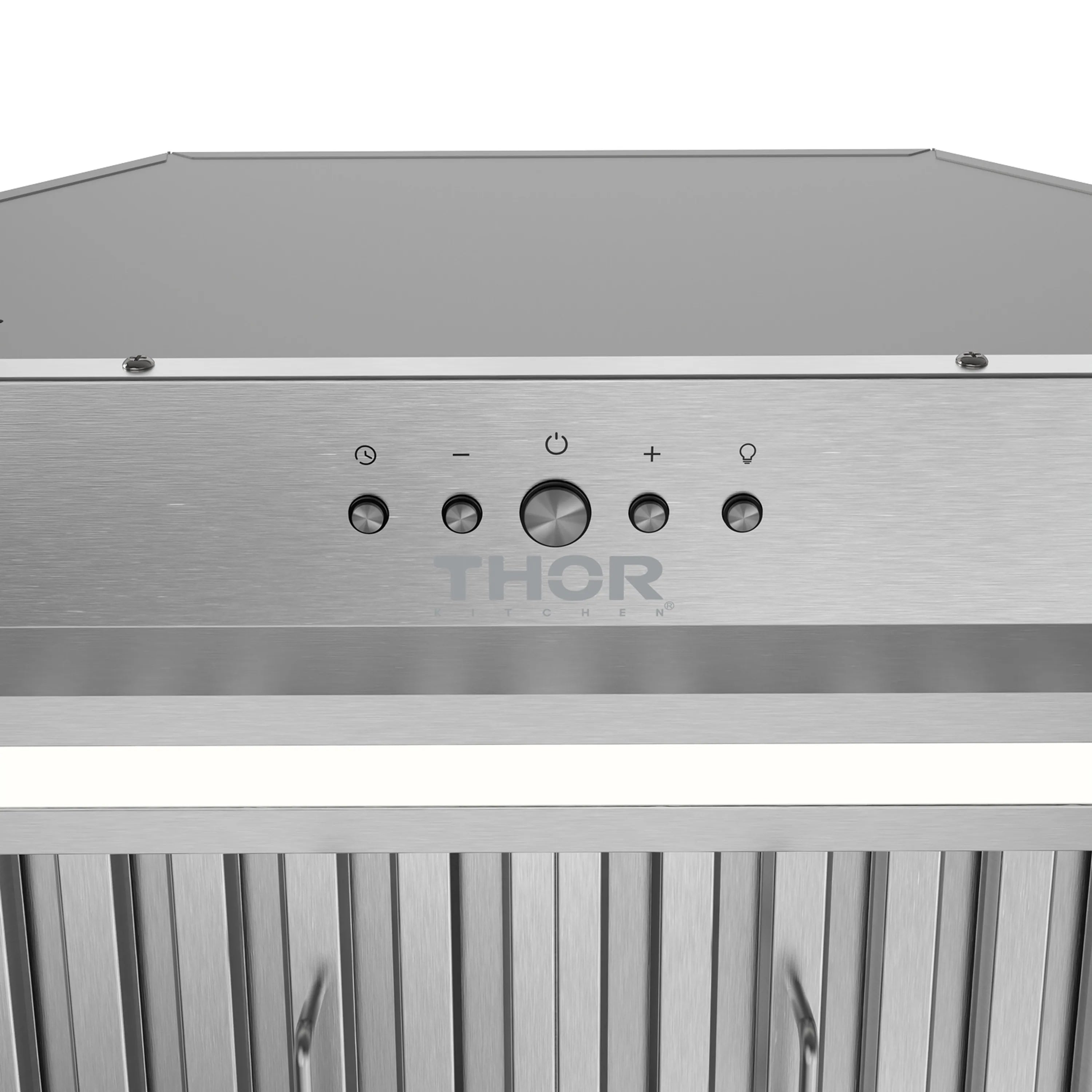 Stainless steel hood insert control area with knobs and Thor logo above vent slats