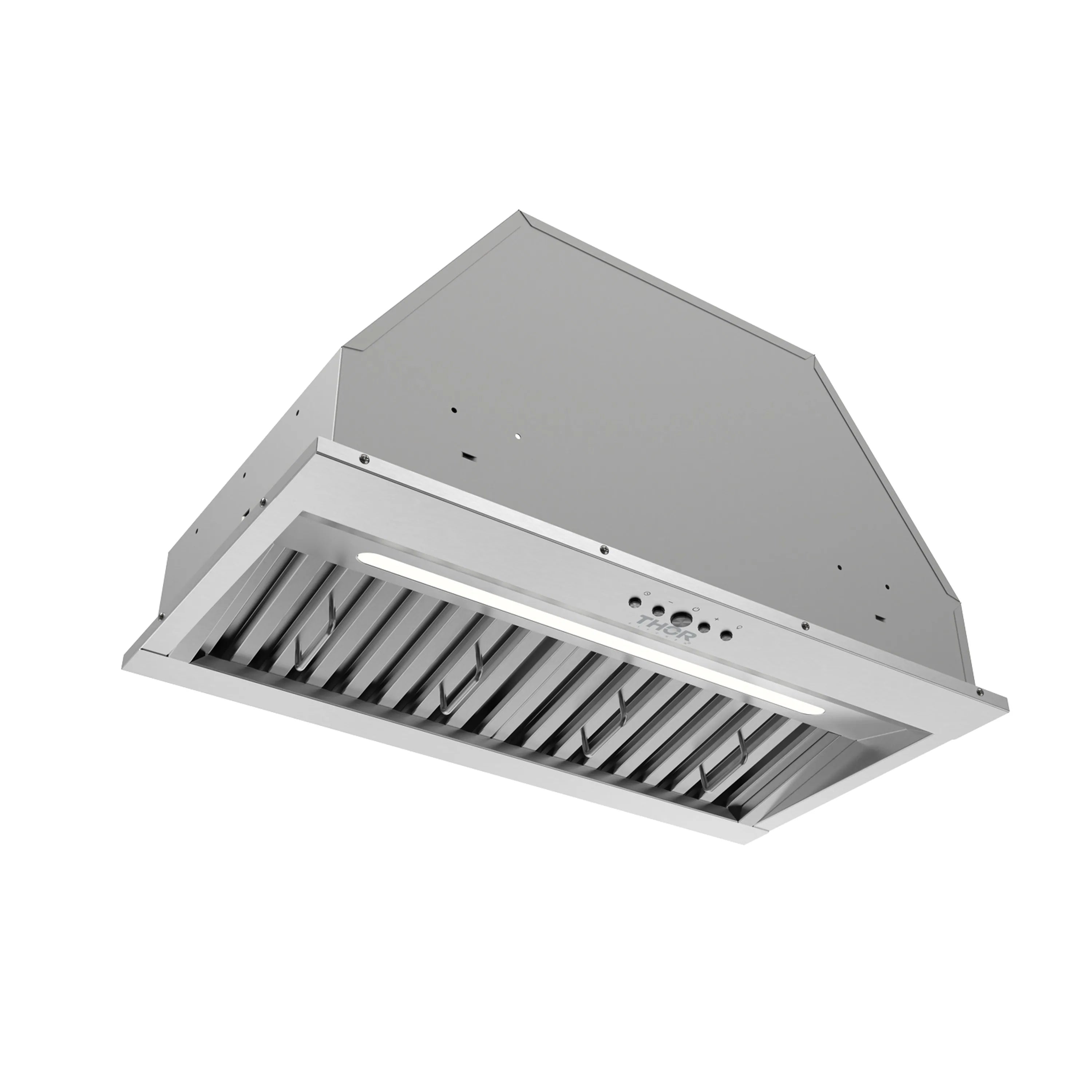 Stainless steel hood insert with angled canopy and vented grille, Thor control panel