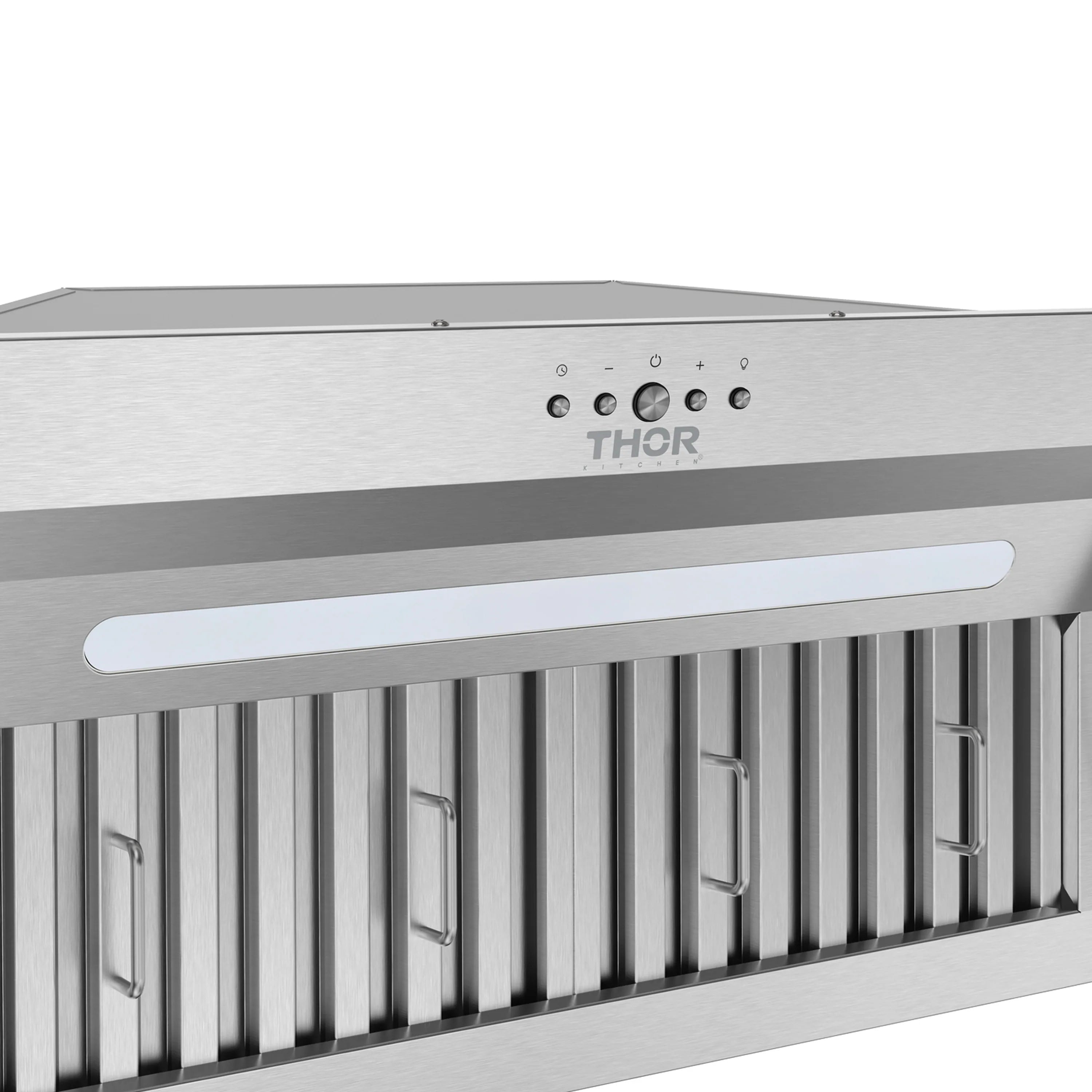 Stainless steel hood insert front panel with Thor logo and circular controls above grille