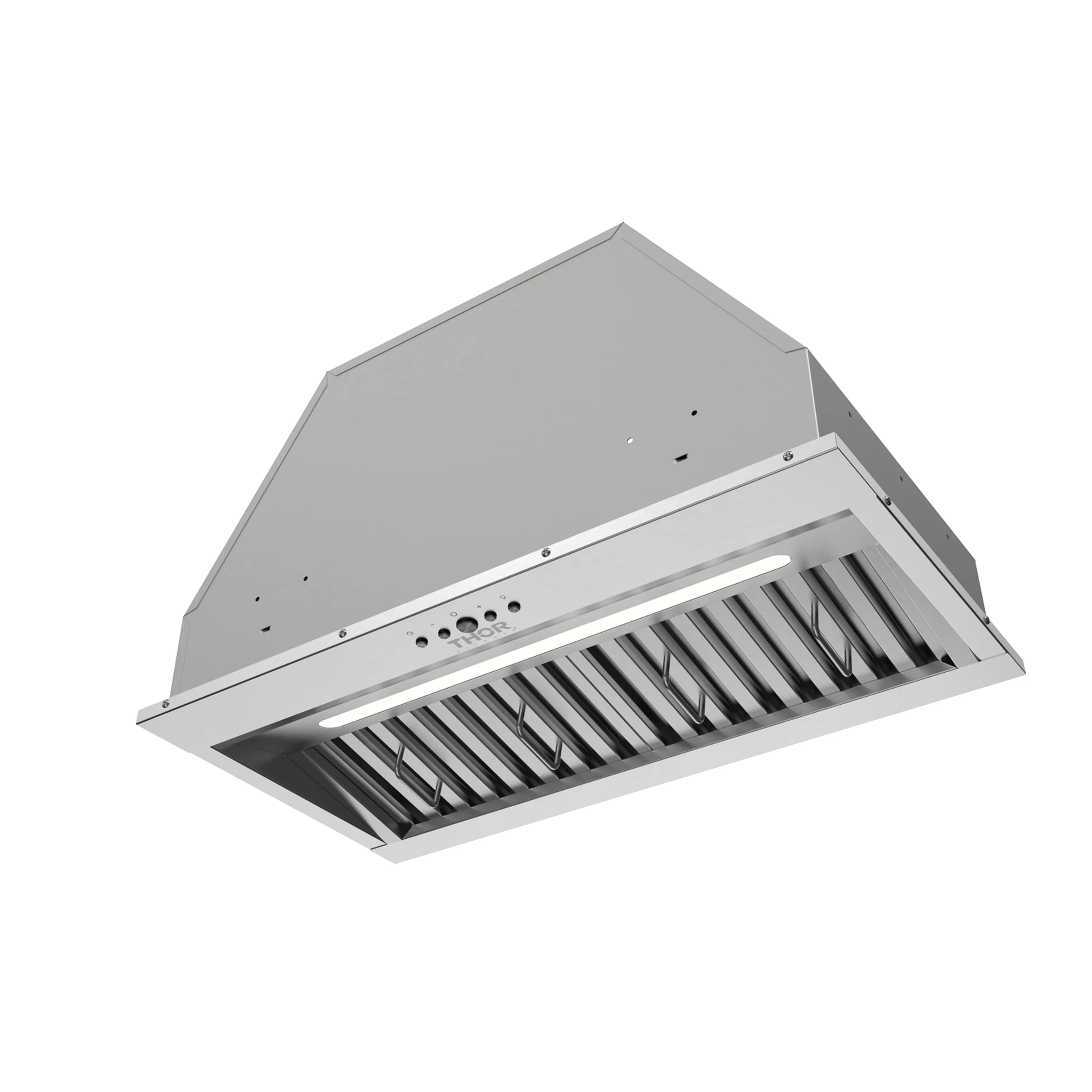 Stainless steel hood insert angled view with Thor logo and control strip above vents