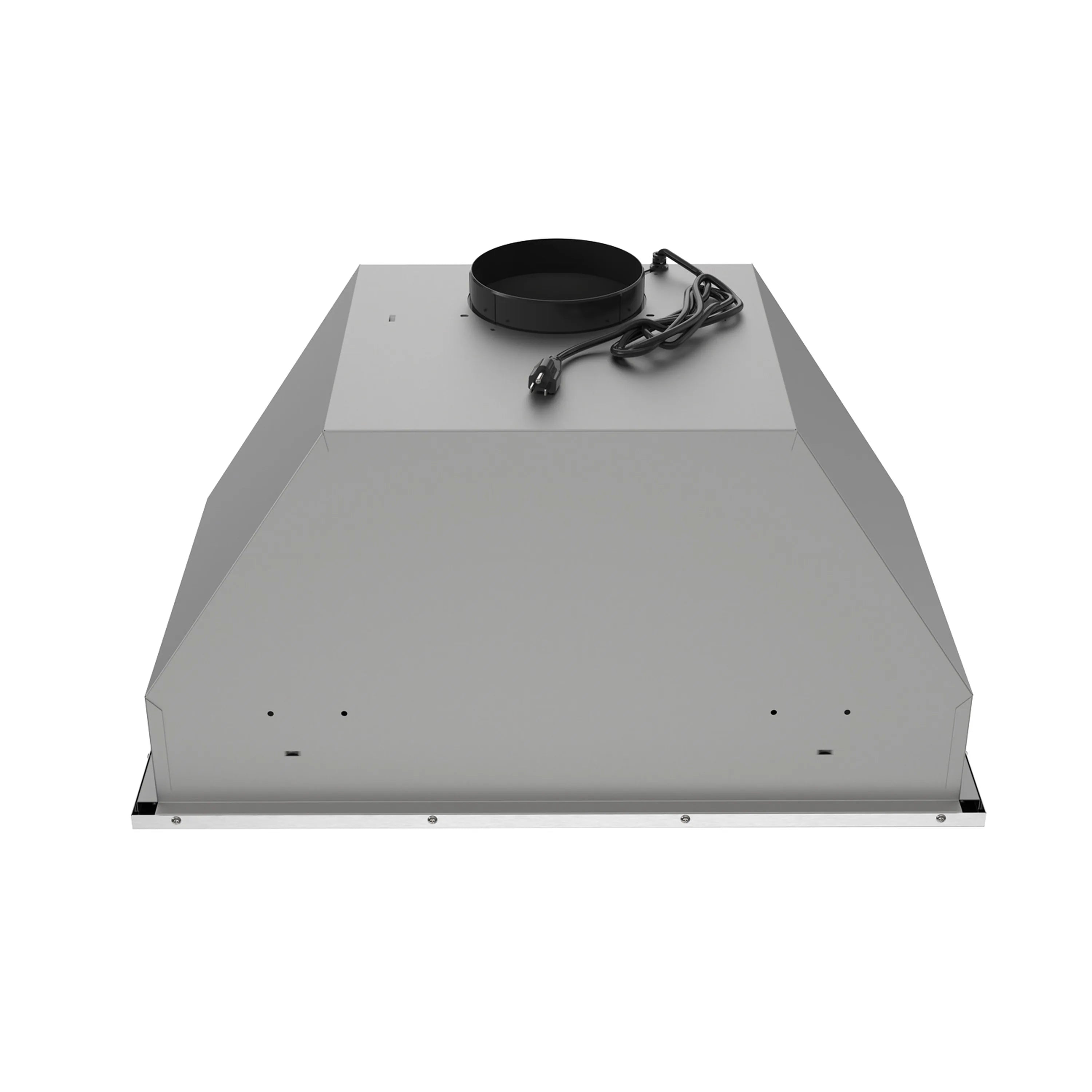 Stainless steel hood insert top view with black fan cap and electrical cord