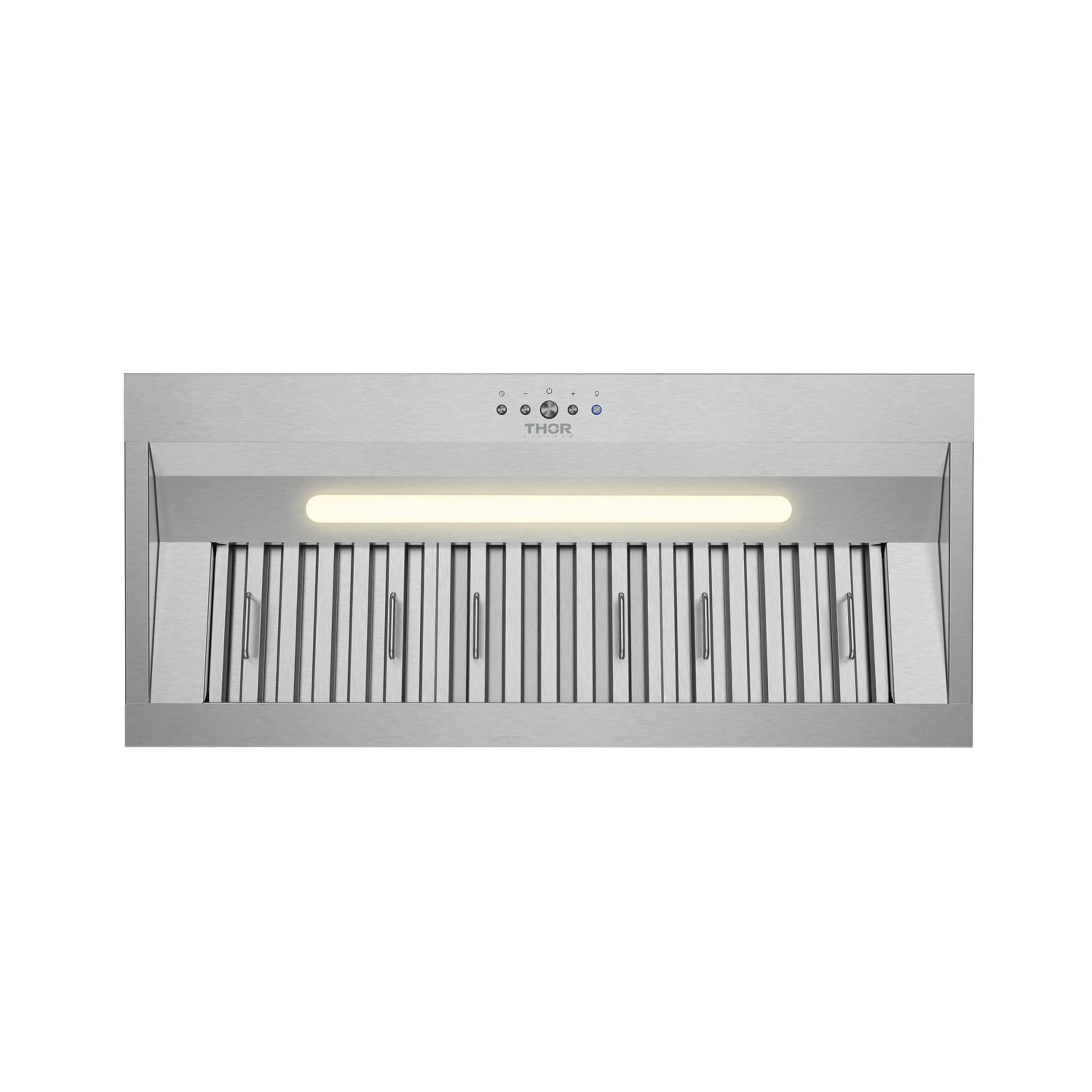 Stainless steel hood insert with internal baffle, vertical grills, and lit LED strip