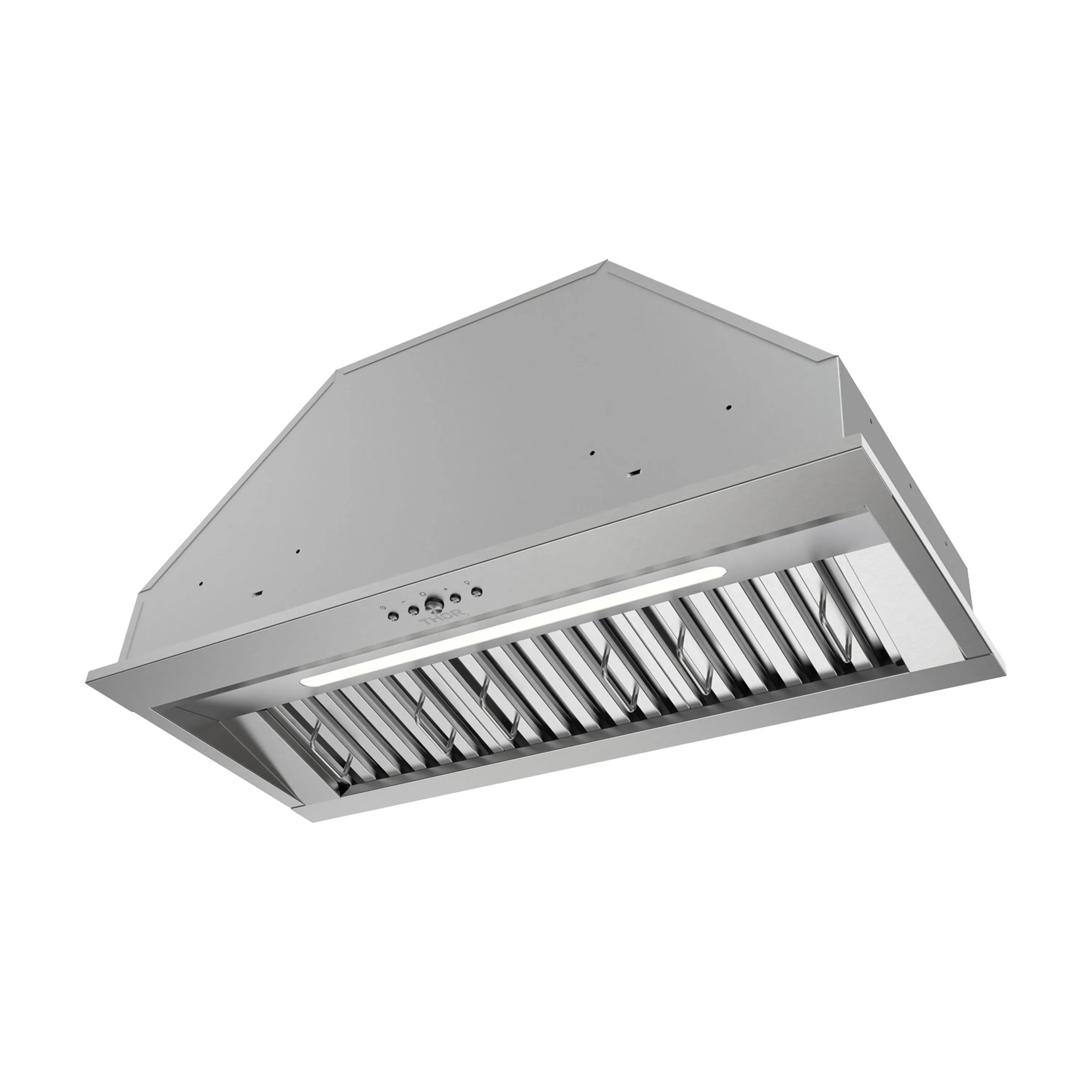 Stainless steel hood insert with slanted baffle, internal grills, and LED light strip