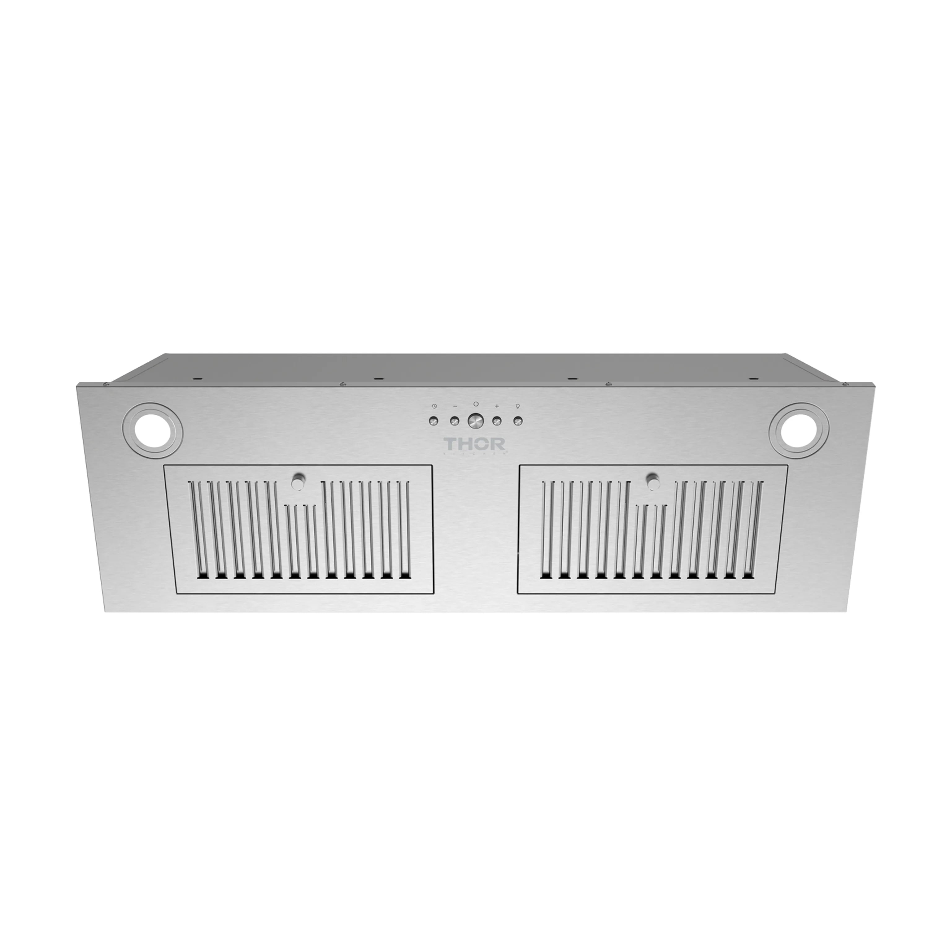 Stainless steel hood insert front panel with two vent grilles, THOR logo, and side lights