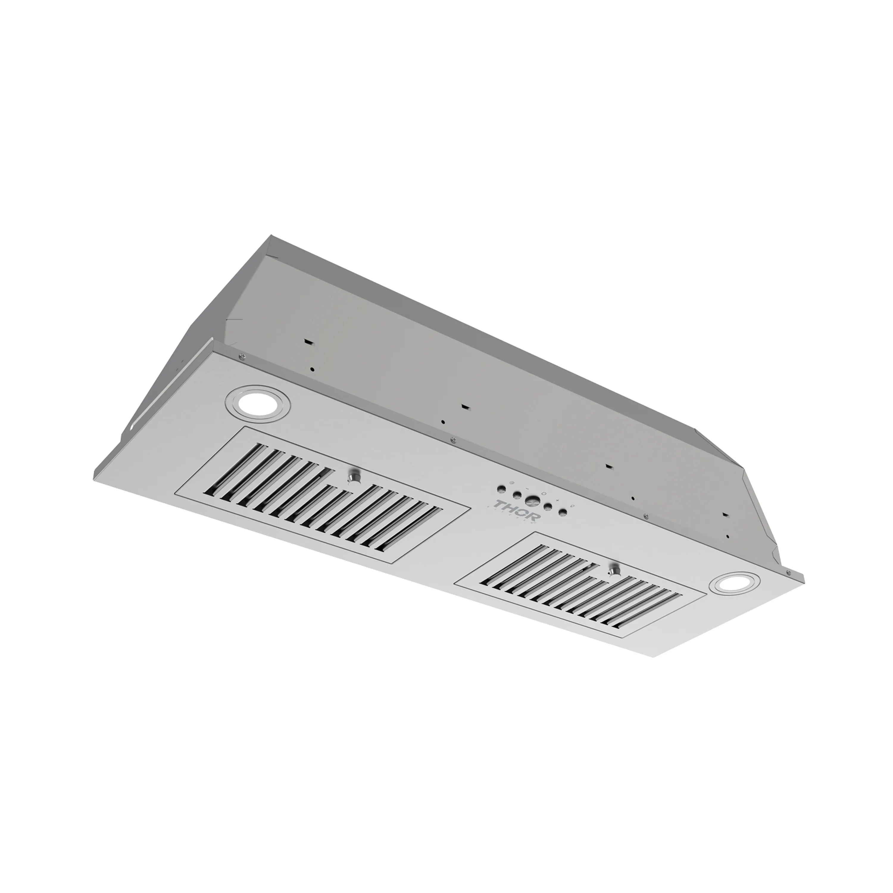 Stainless steel hood insert at an angle with two vent grilles and recessed interior panel