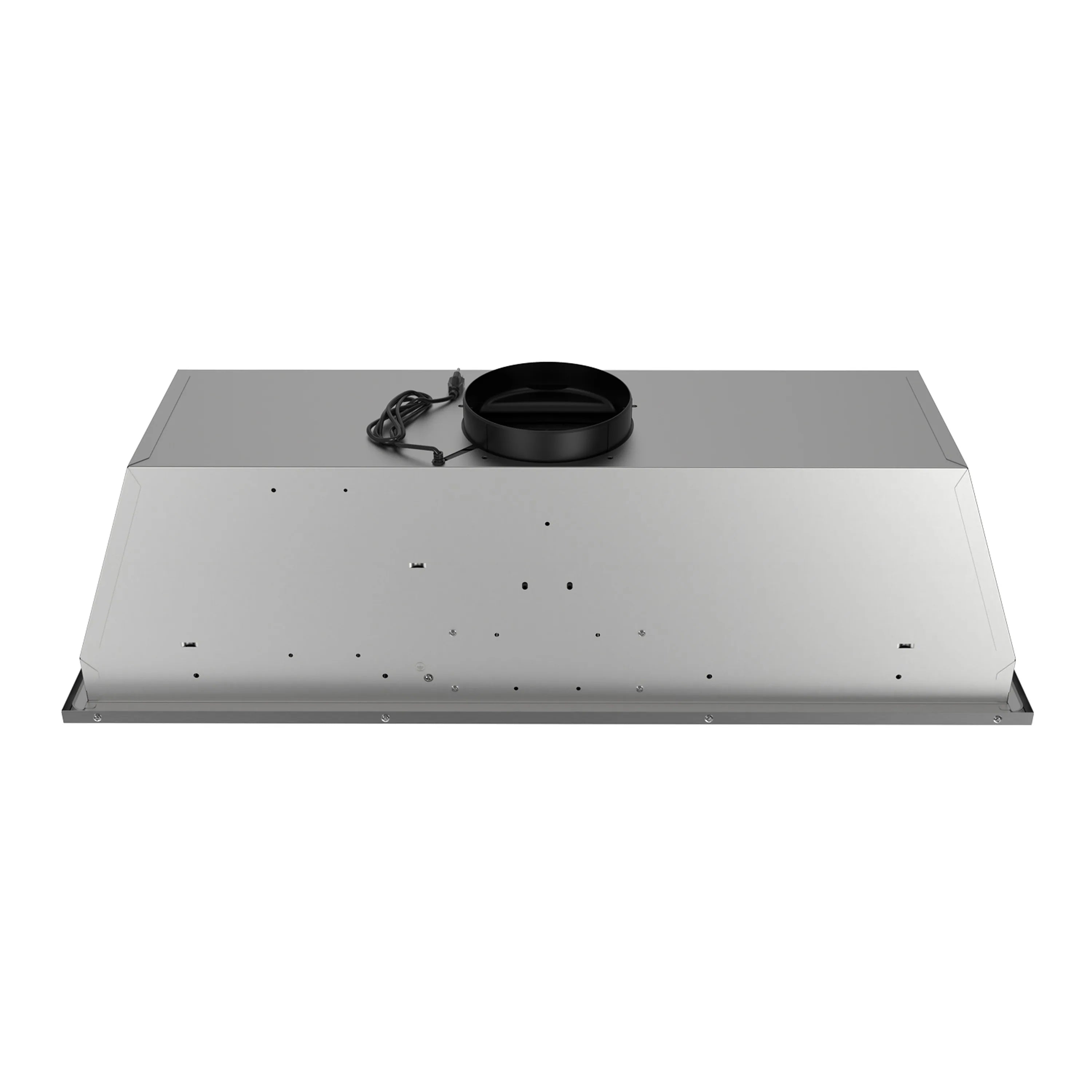 Stainless steel hood insert underside with mounting holes and a black duct collar