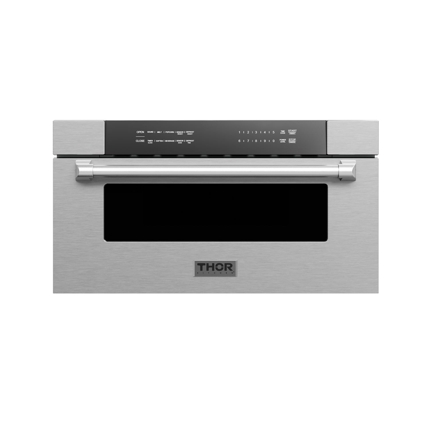 Built-in microwave drawer with stainless-steel finish and black rectangular display window.