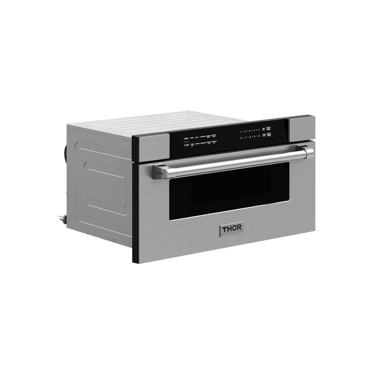 Built-in microwave drawer in stainless steel, angled view with black cooking chamber.