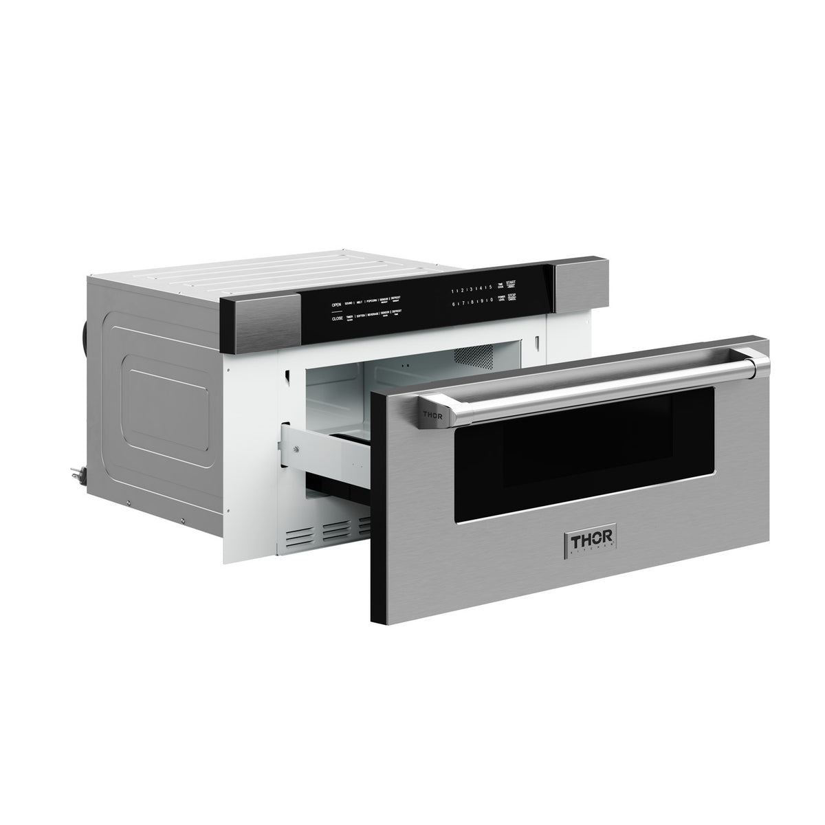 Built-in microwave drawer with open drawer revealing black cooking chamber, stainless steel.