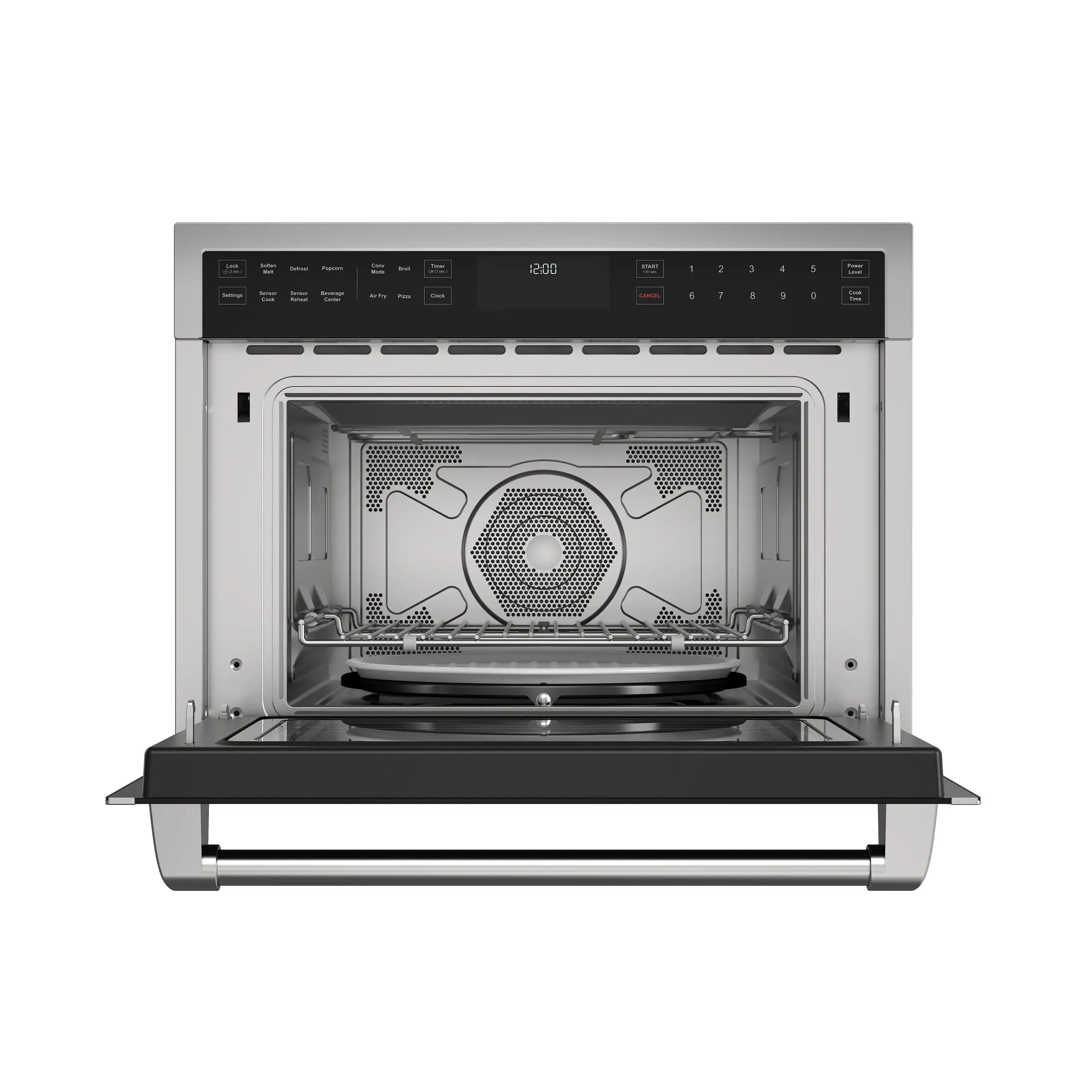 Built-in air fry microwave oven with drop-down door open, interior fan and rack visible