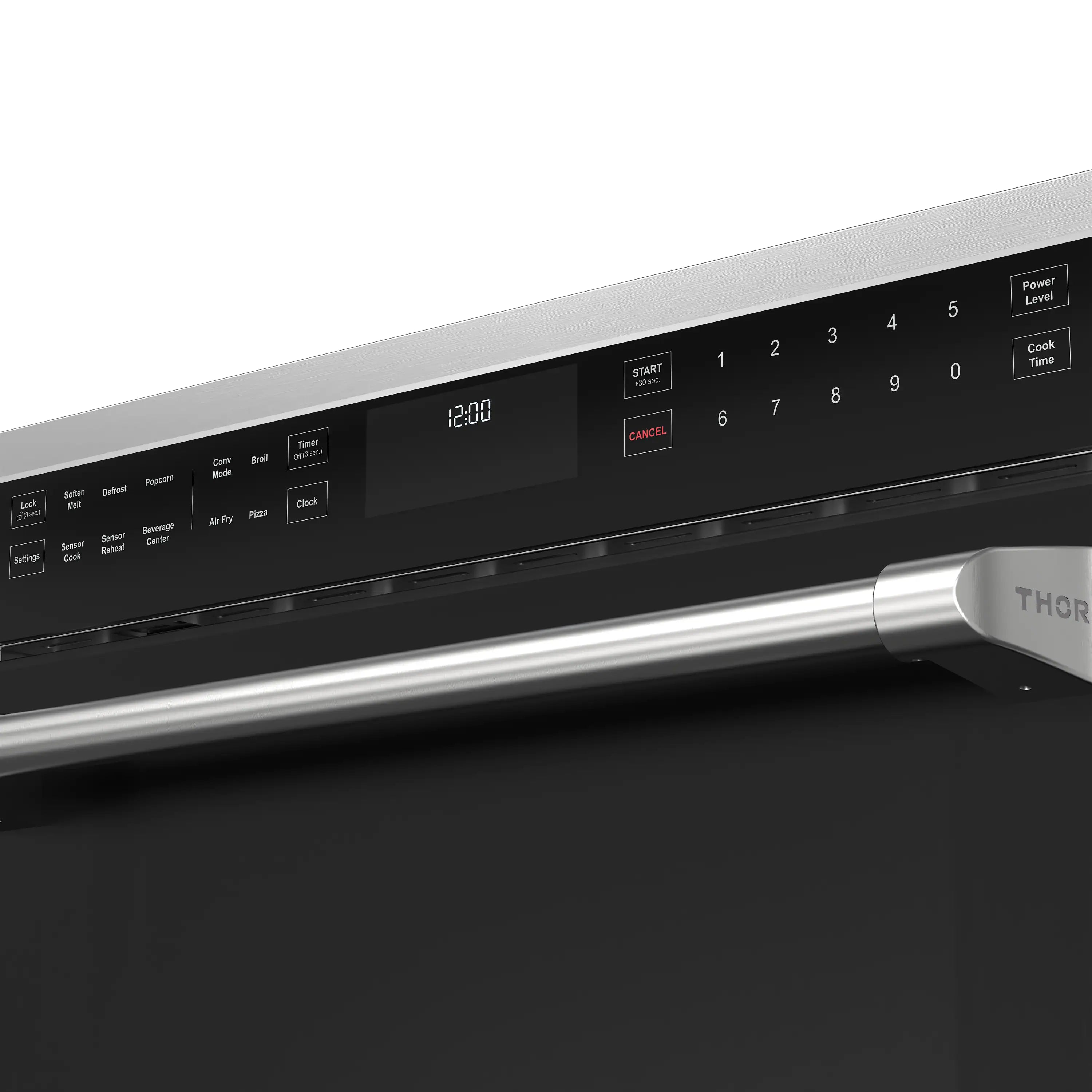 Built-in air fry microwave oven control panel with digital display and numeric keypad