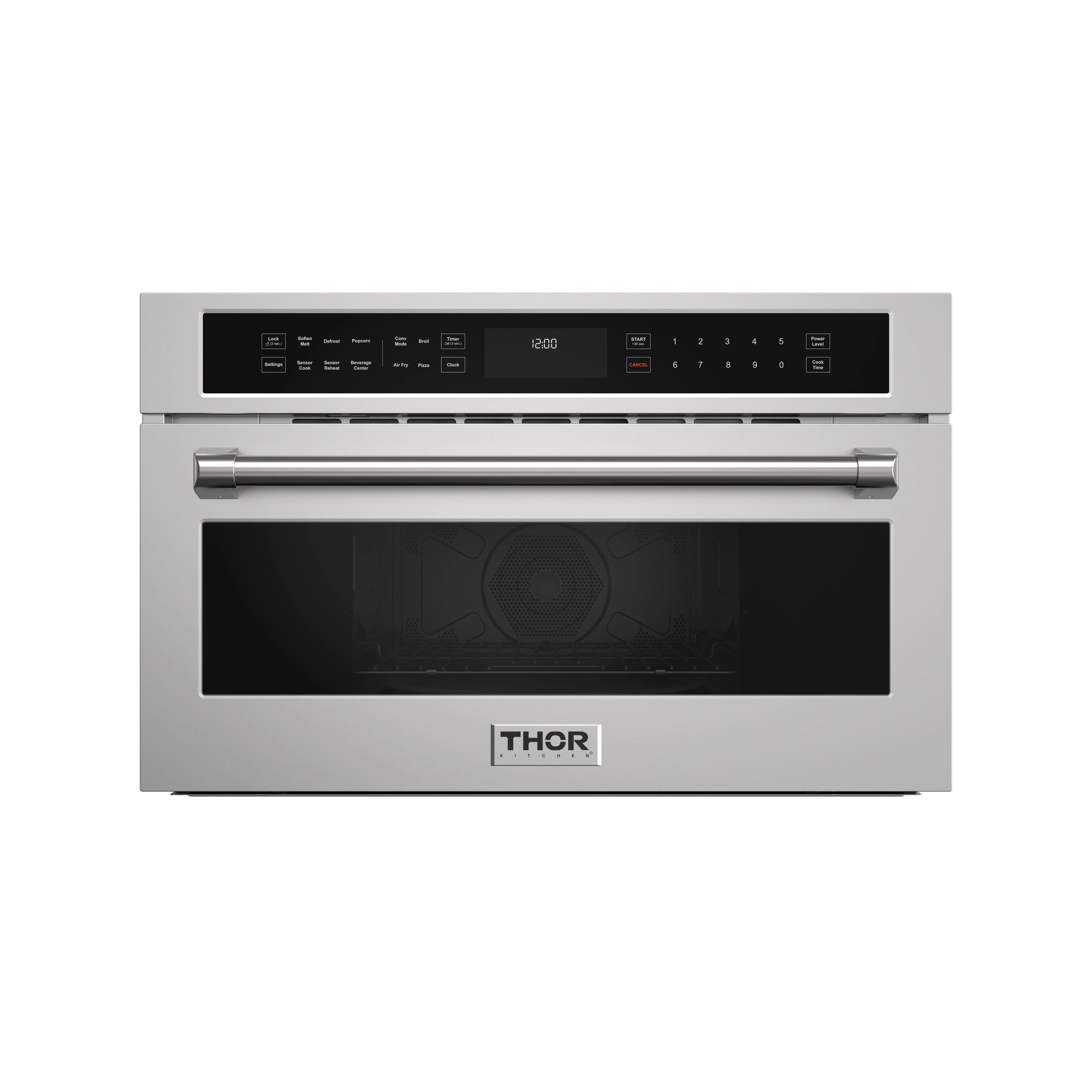 Stainless microwave oven with black glass window, control panel, and drop-down door closed.