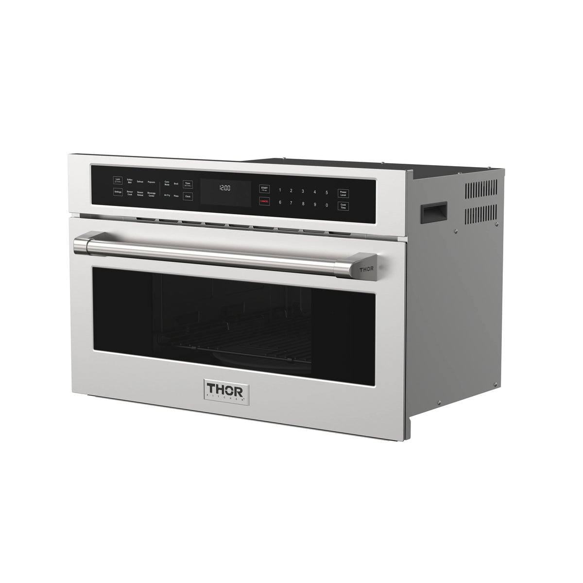 Stainless built-in microwave oven with black glass door and control panel.