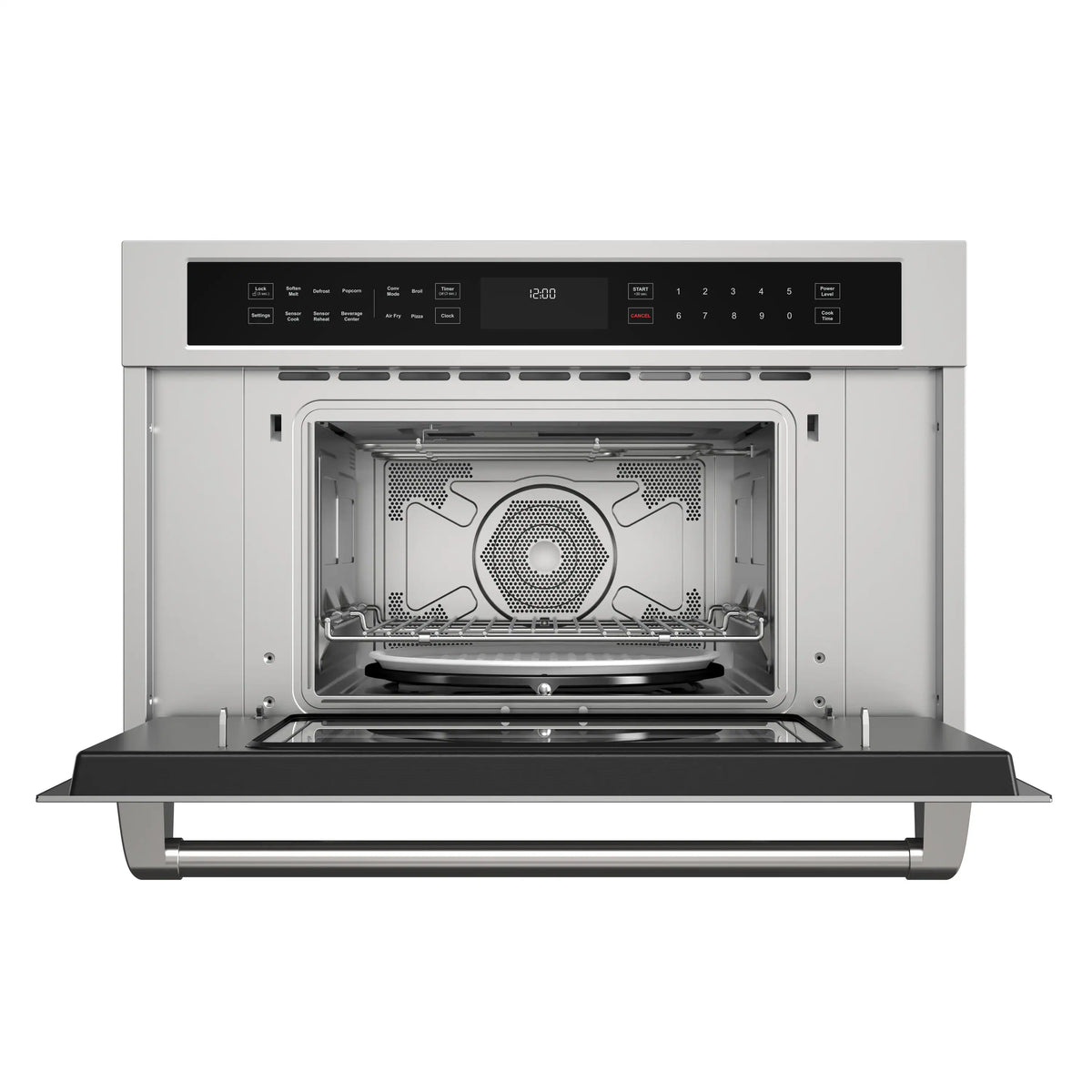 Stainless microwave oven with fully open door showing air fry basket and fan housing.