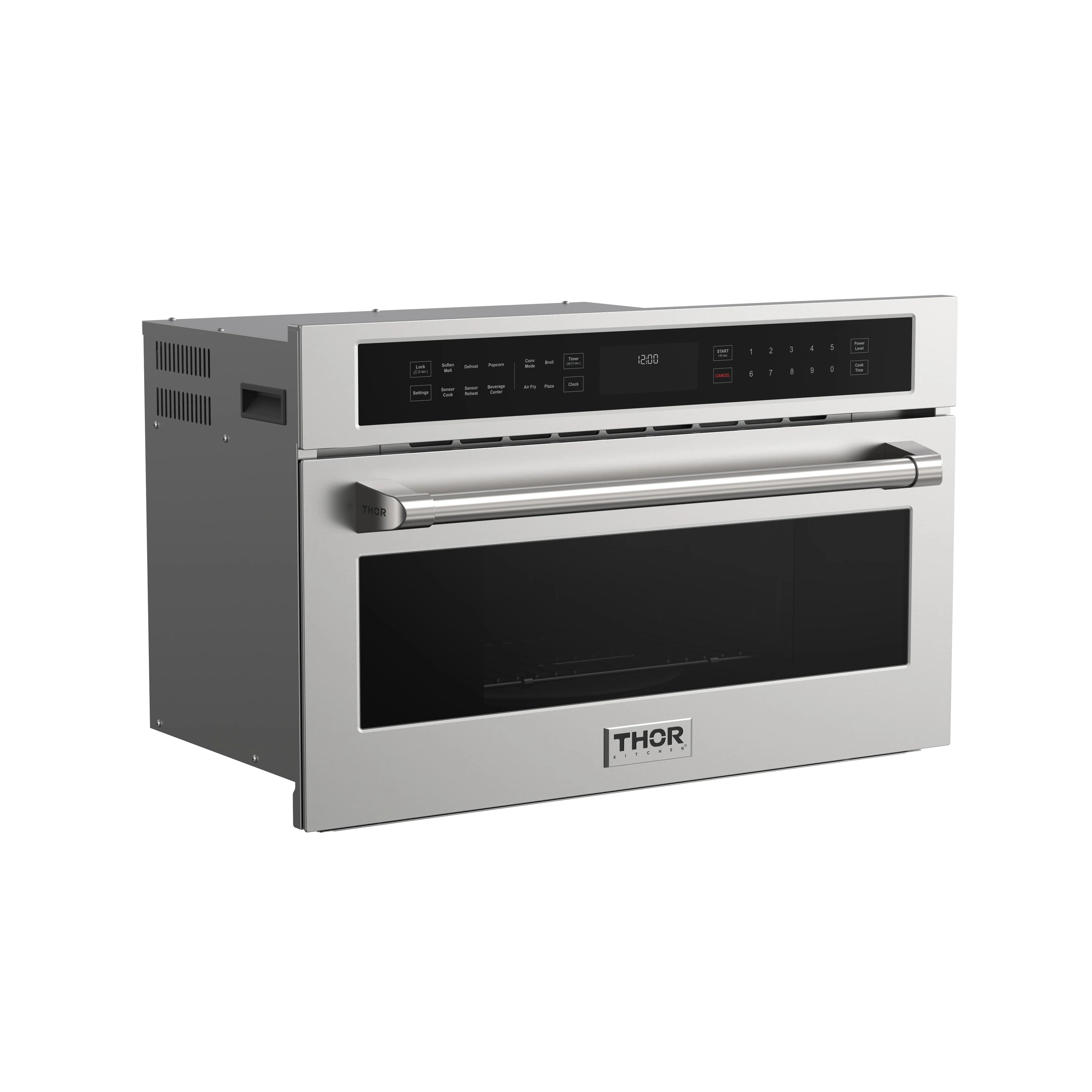 Stainless microwave oven side view with black glass door and control panel.