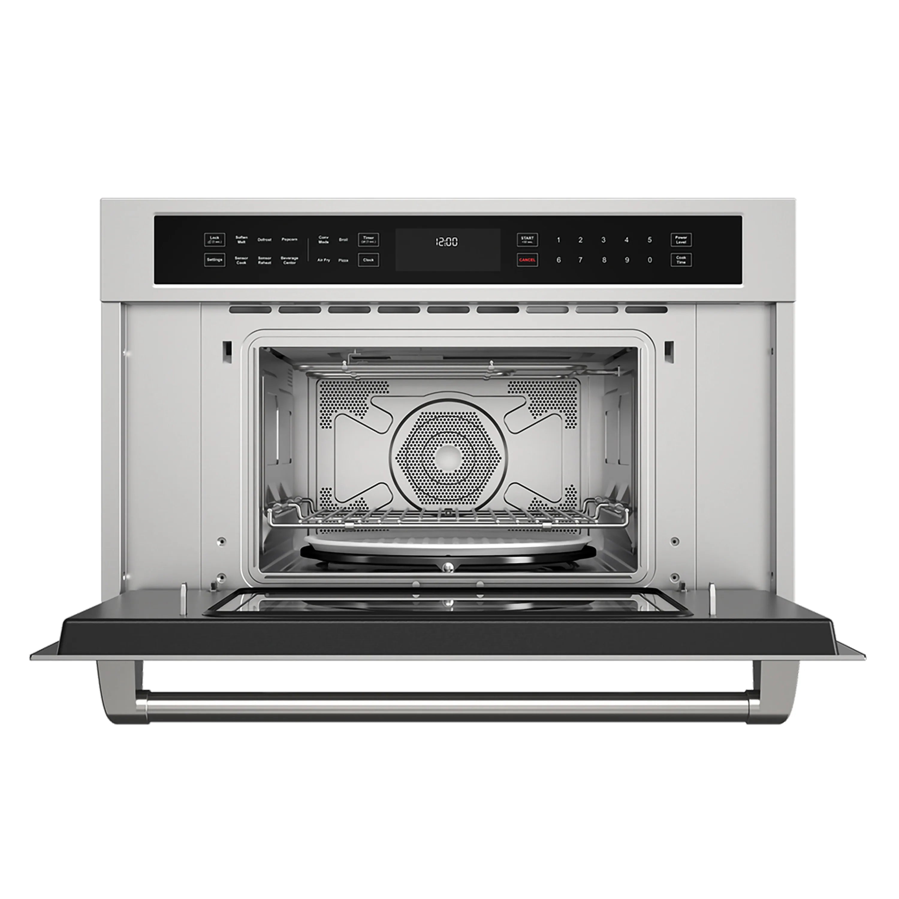 Open stainless steel wall oven showing interior fan and wire oven rack