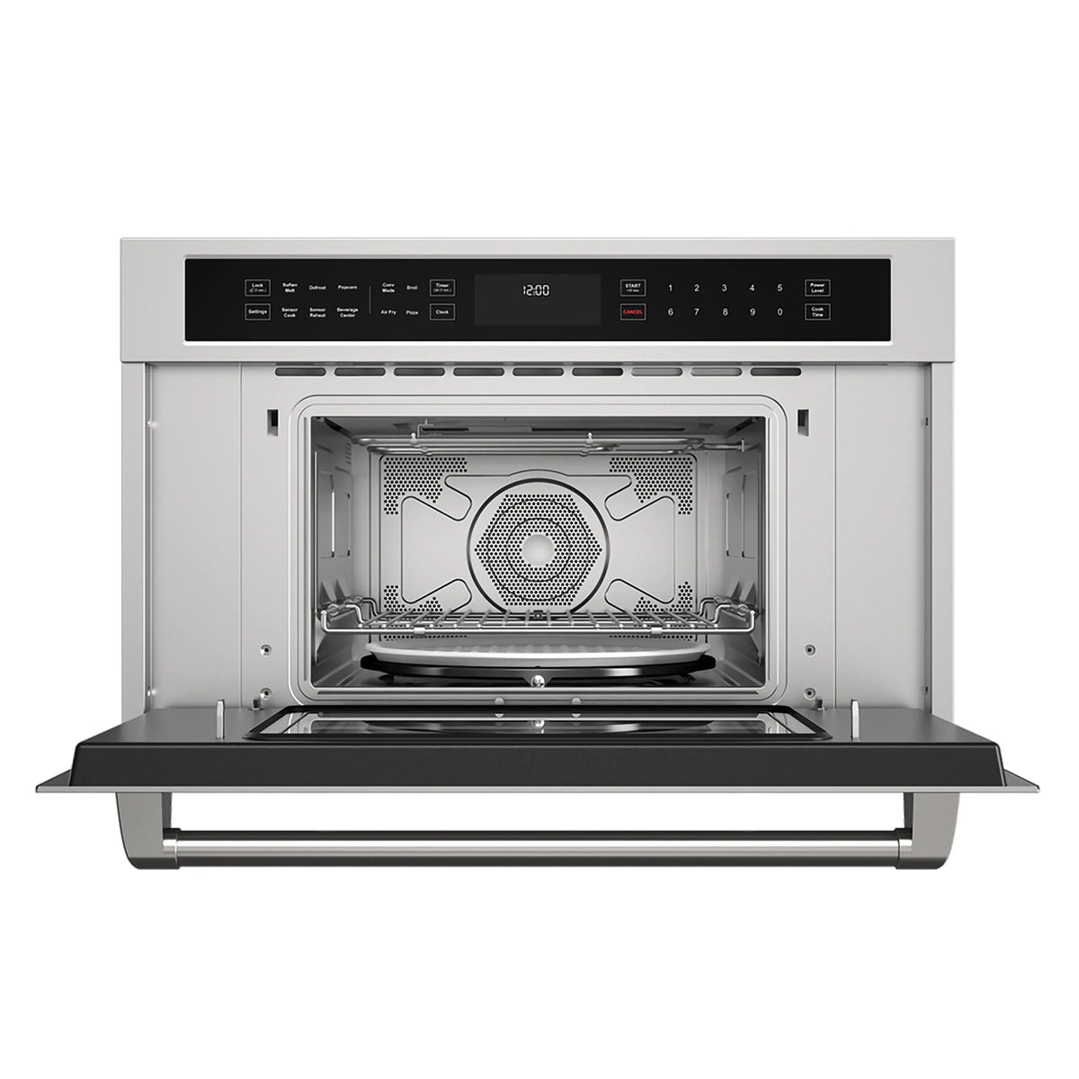 Stainless steel electric wall oven door open, showing convection fan and roasting rack