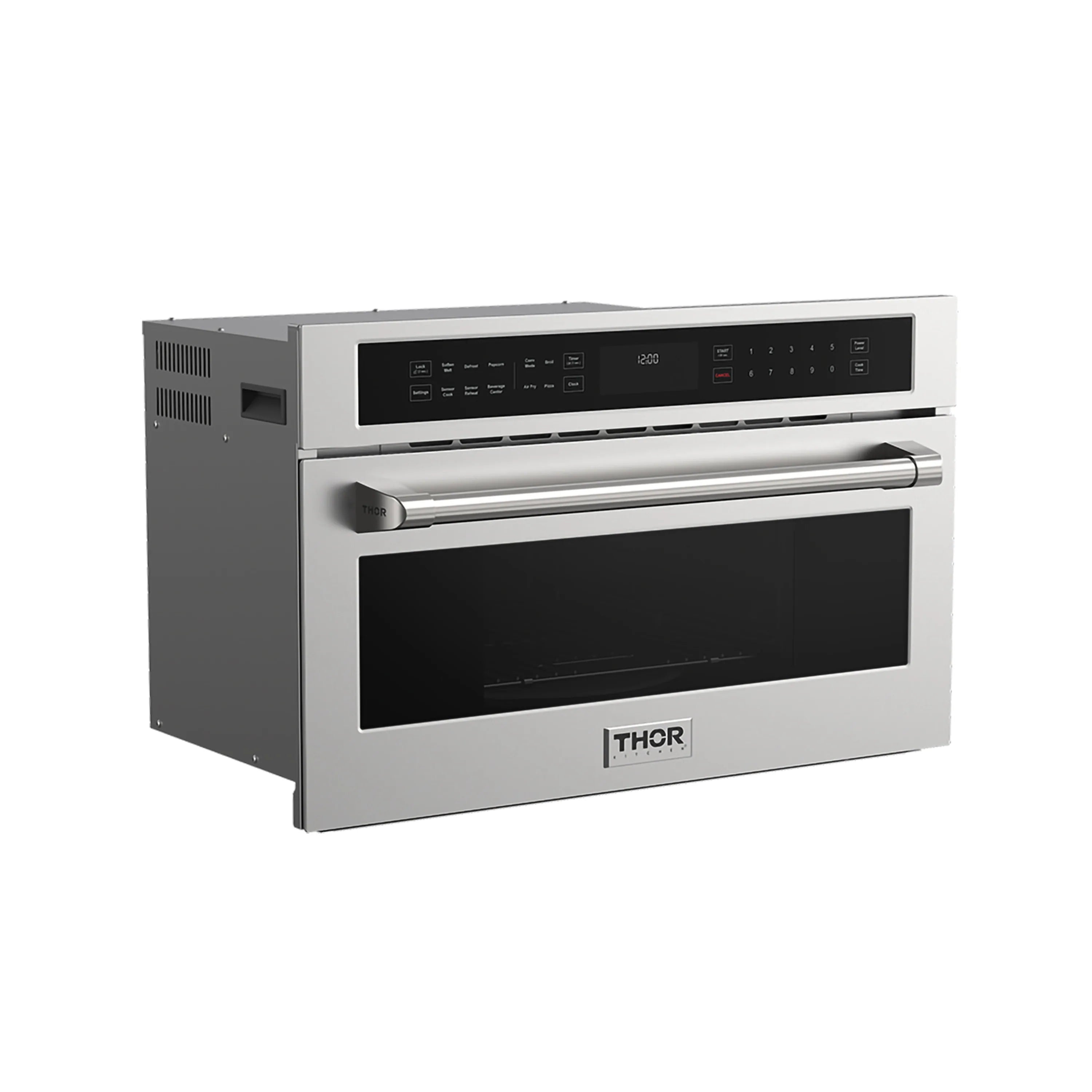 Stainless steel wall oven with side venting, long handle, and black glass door