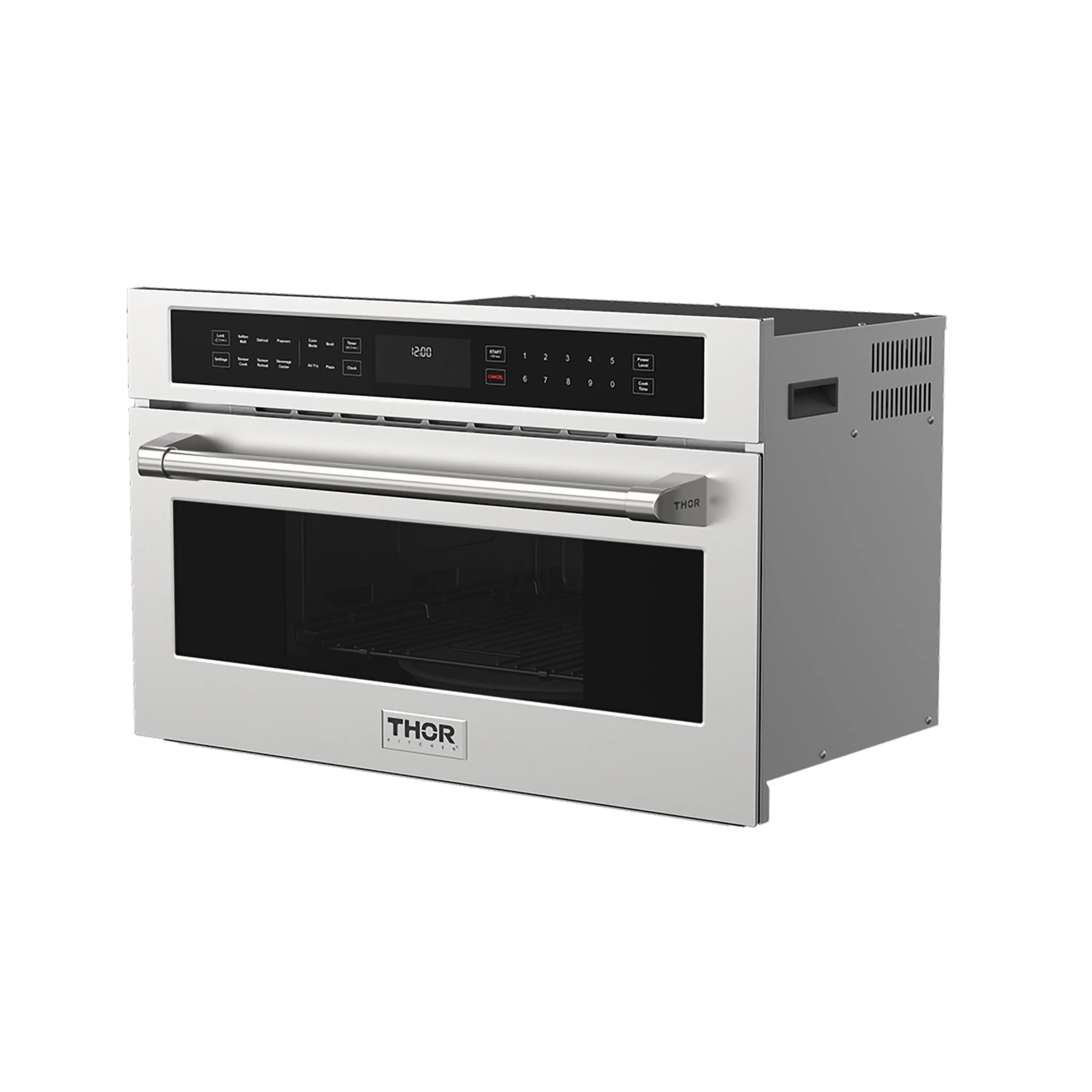 Stainless steel wall oven with black glass door, side vents, and control panel