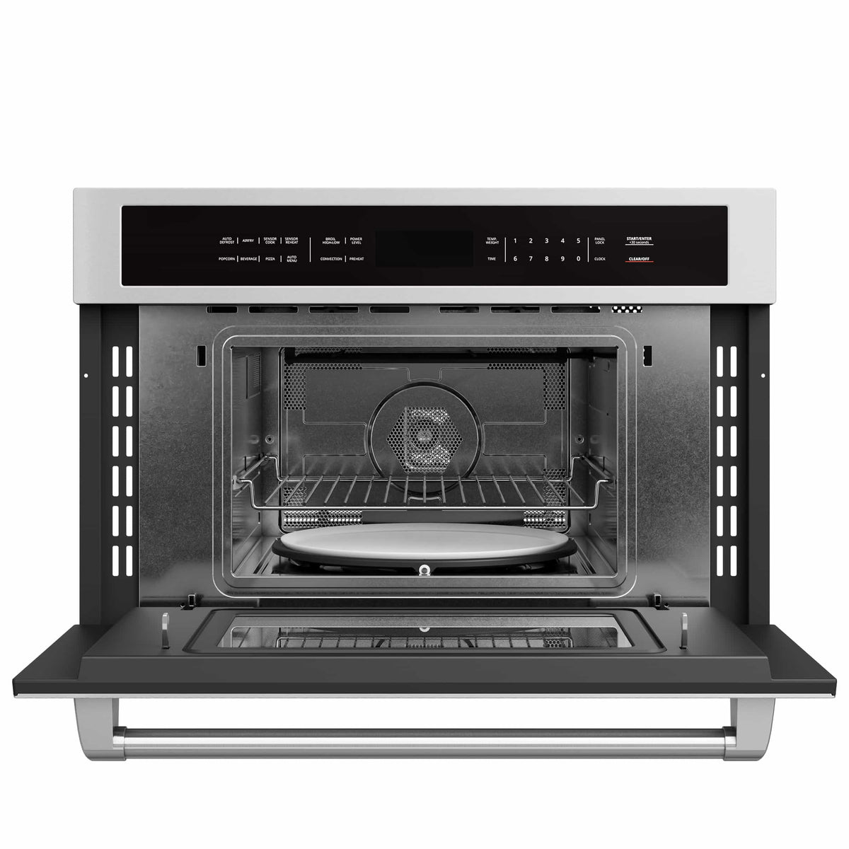 Built-in stainless microwave air-fryer oven with open door, wire rack, and cooking tray