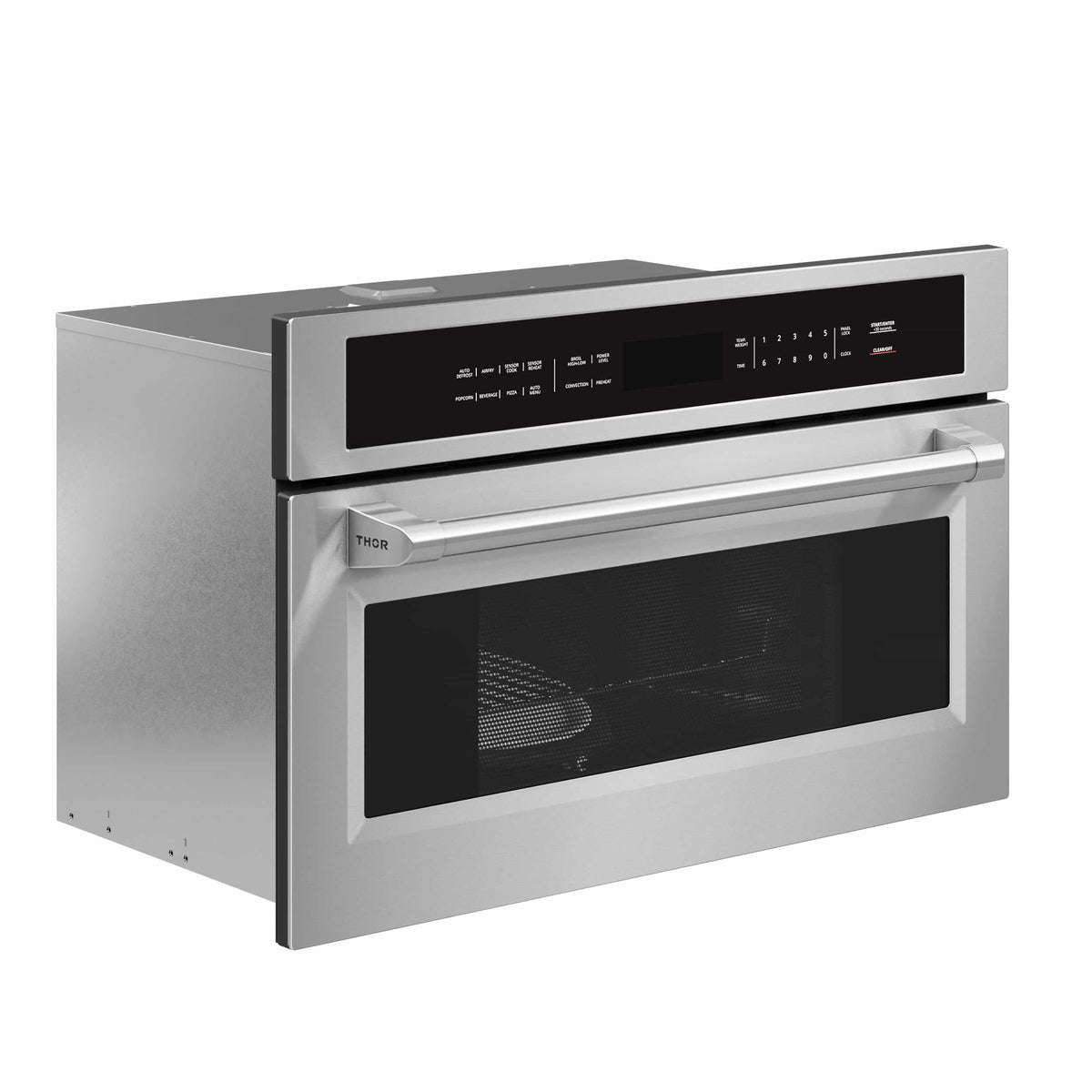 Built-in stainless microwave air-fryer oven with black door window and top controls