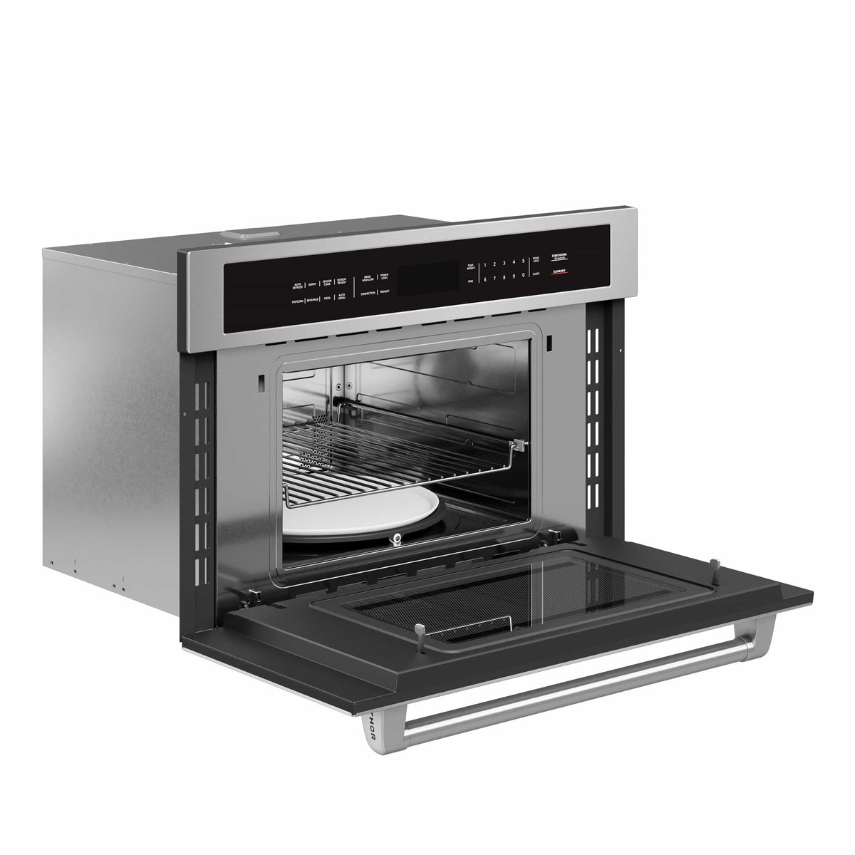 Built-in stainless microwave air-fryer oven with open door and wire rack in chamber