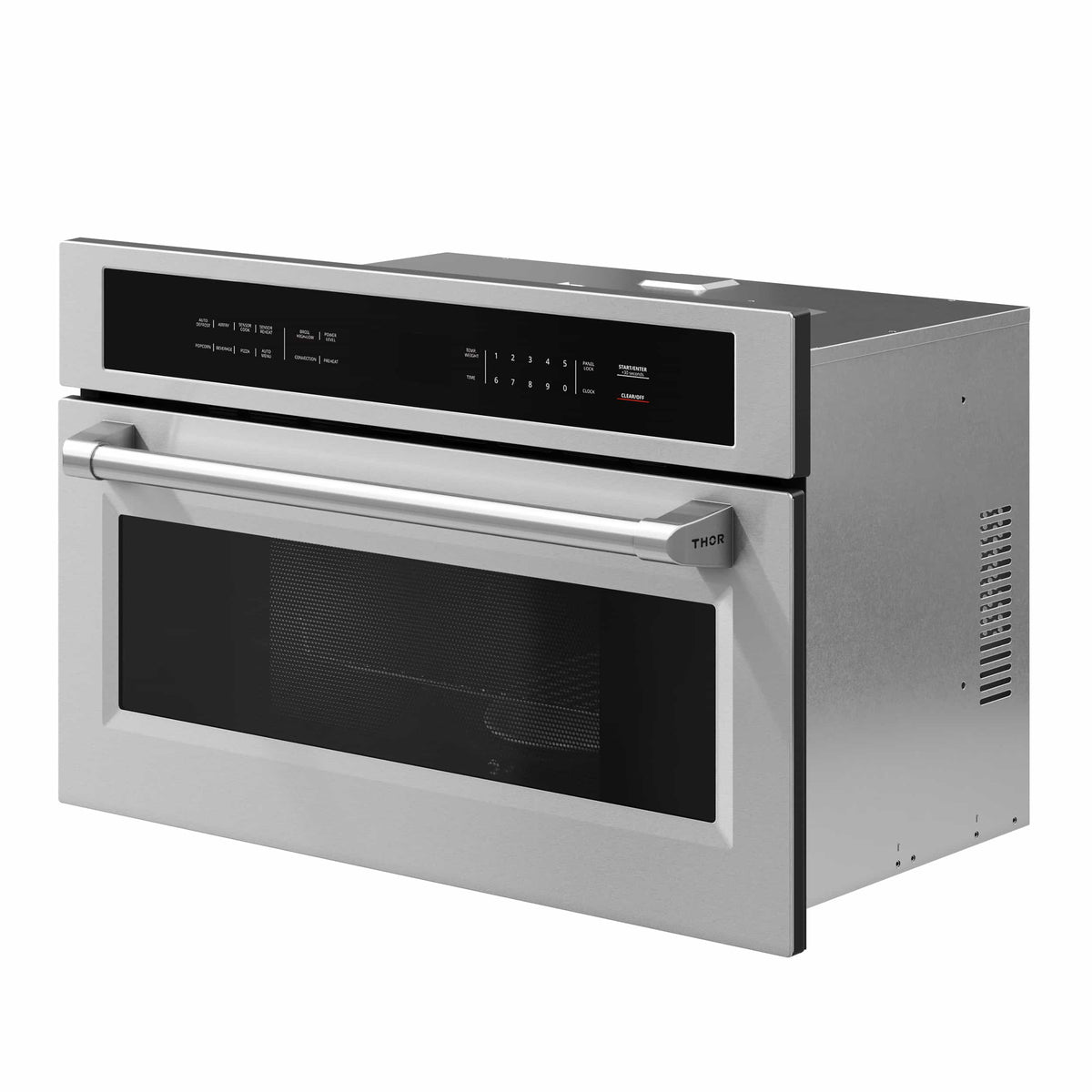 Built-in stainless microwave air-fryer oven with black control panel and side vents