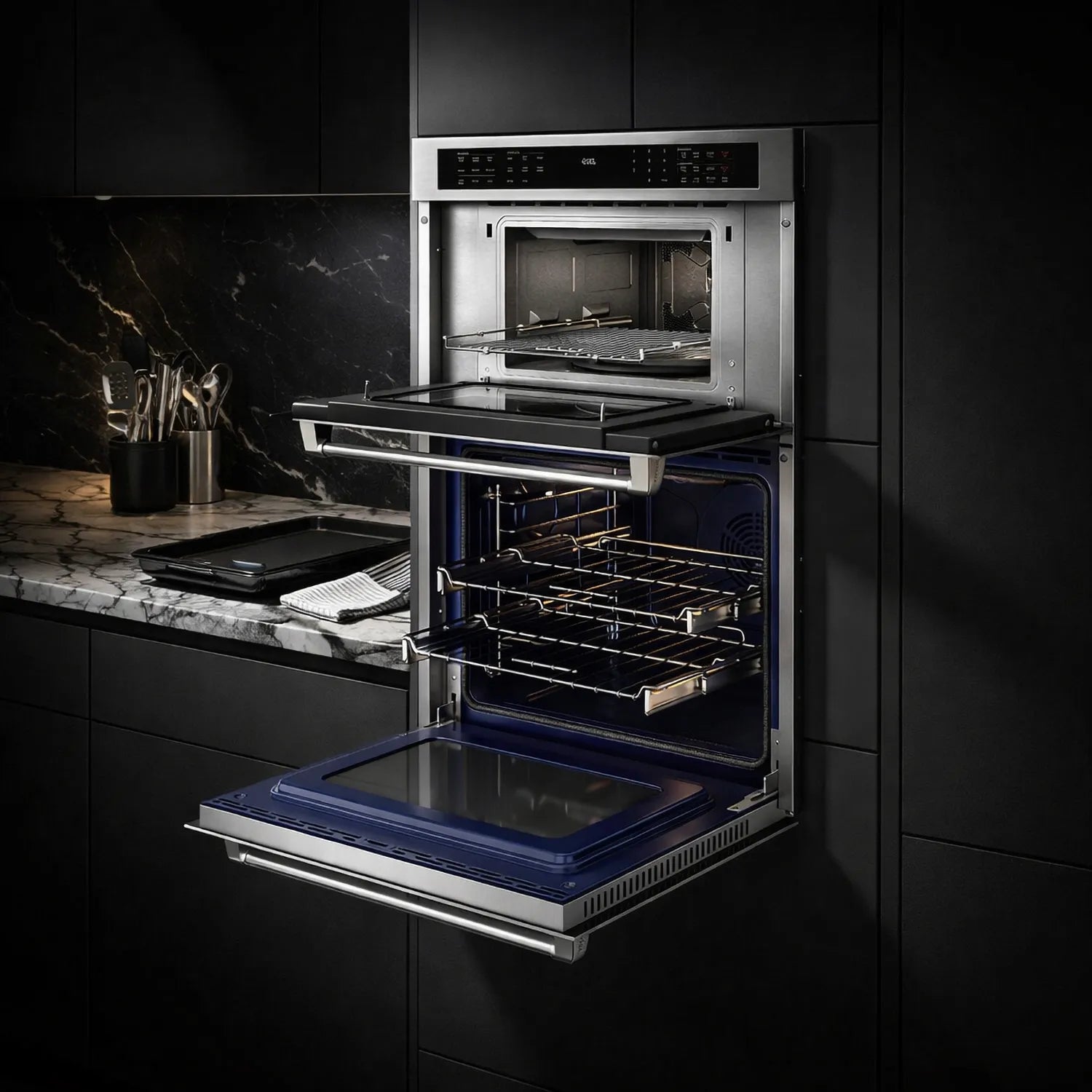 Stainless steel microwave and wall oven combo with door open and oven racks