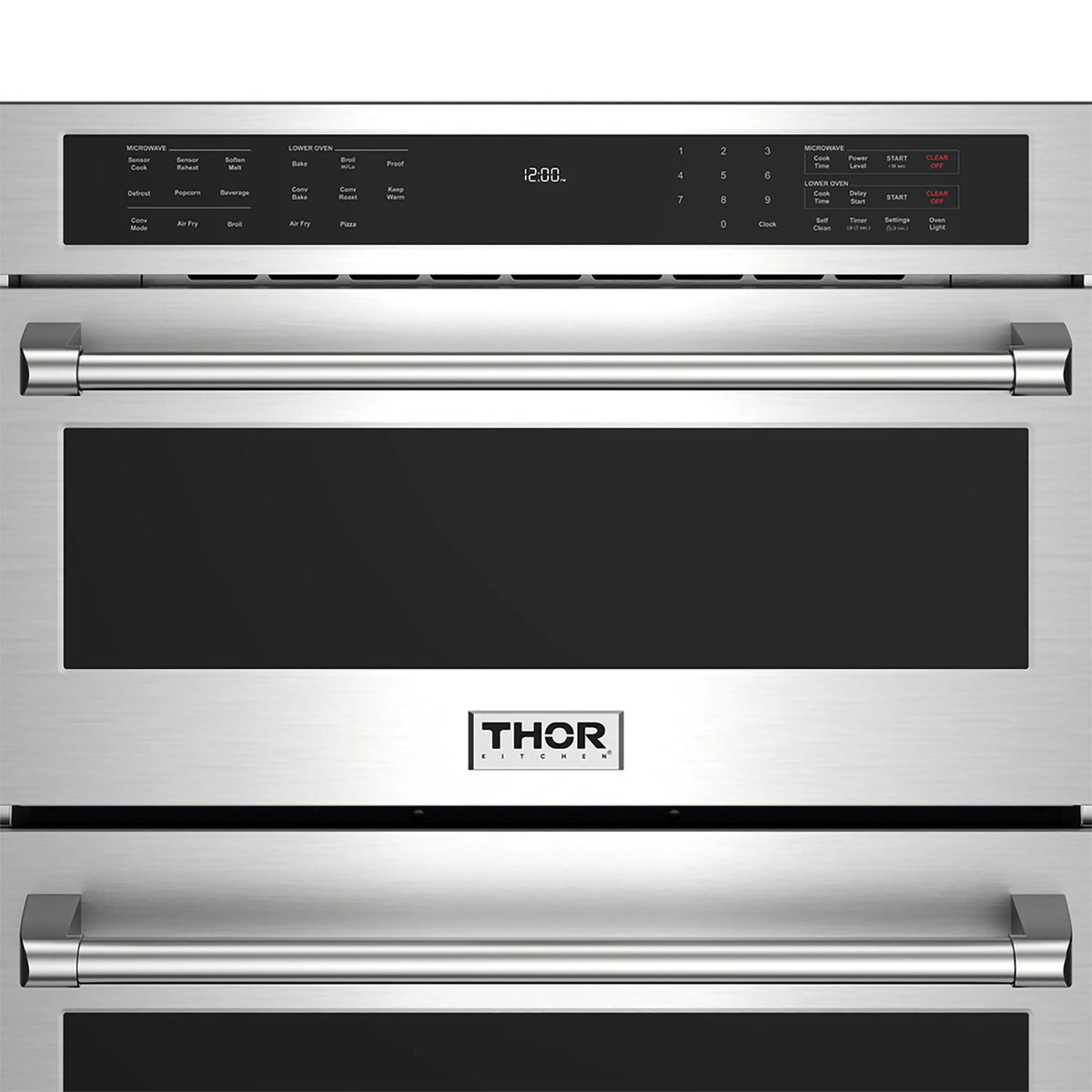 Stainless Thor combination wall oven with microwave top and two black glass doors, panel controls