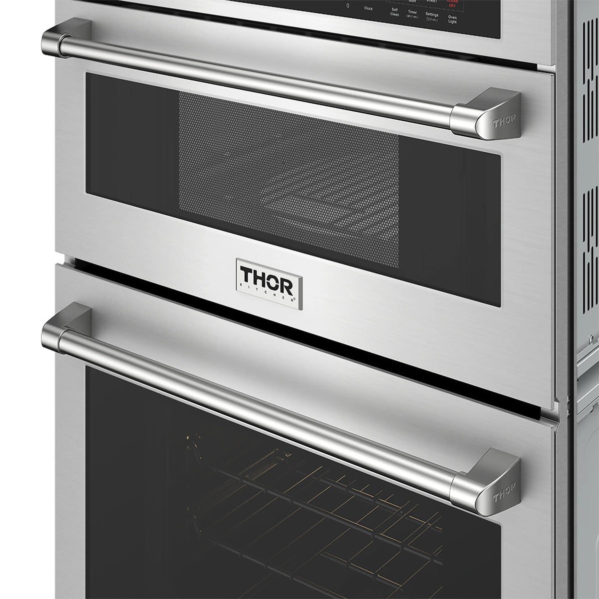 Thor stainless wall oven microwave door with black window and side vents, two metal handles