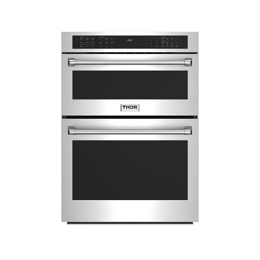 Stainless steel wall oven and microwave combo with two black glass doors and control panel