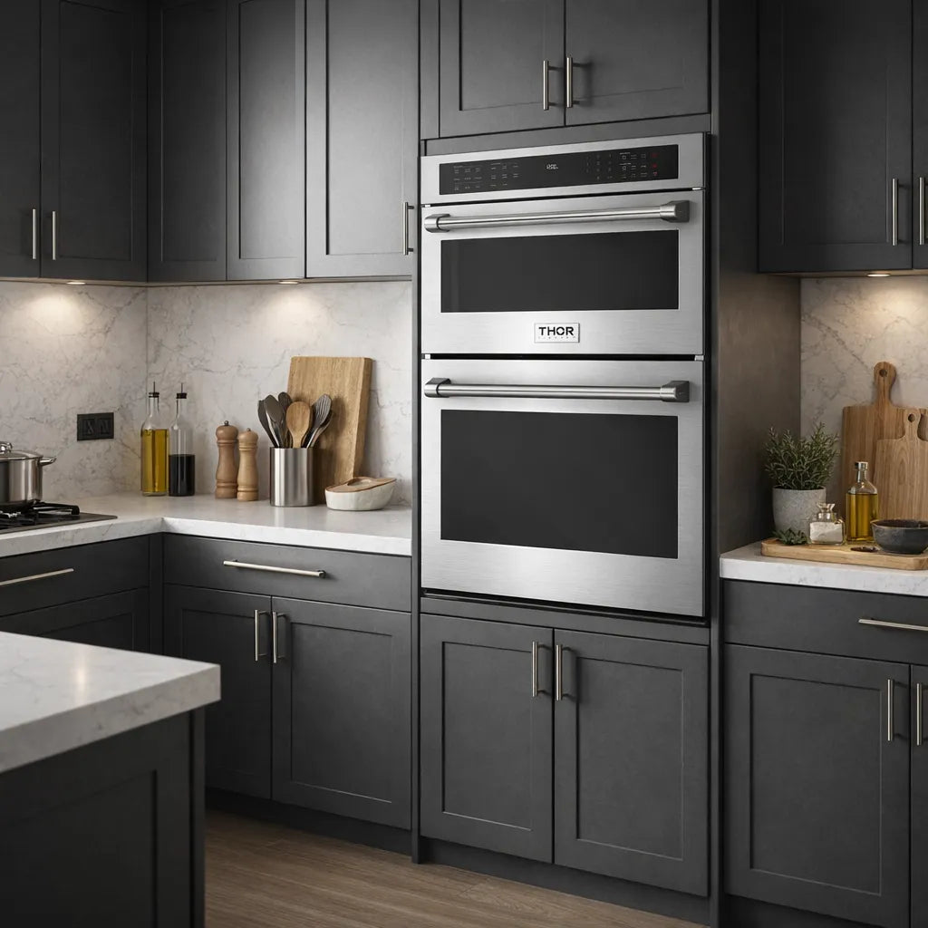 Stainless steel built-in microwave and wall oven with two black doors