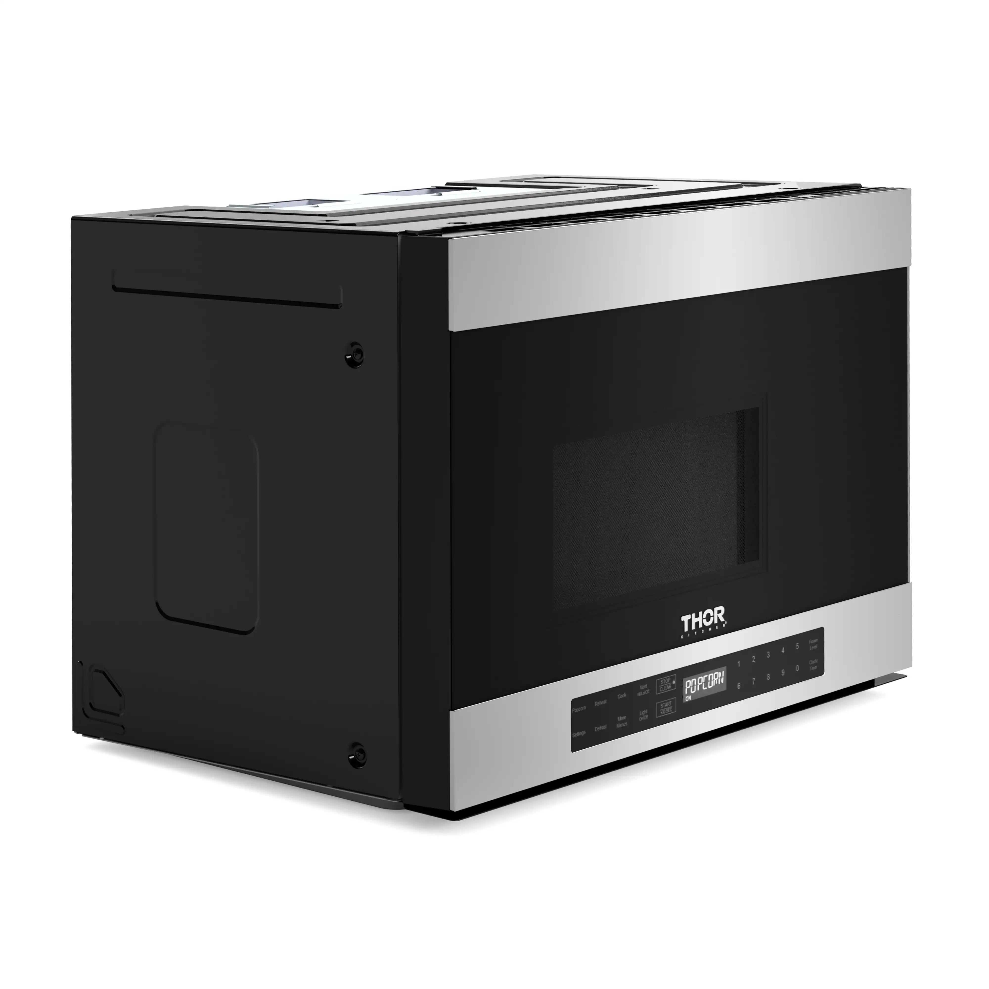 Thor Kitchen over-the-range microwave and vent hood, angled side view, black body and stainless top