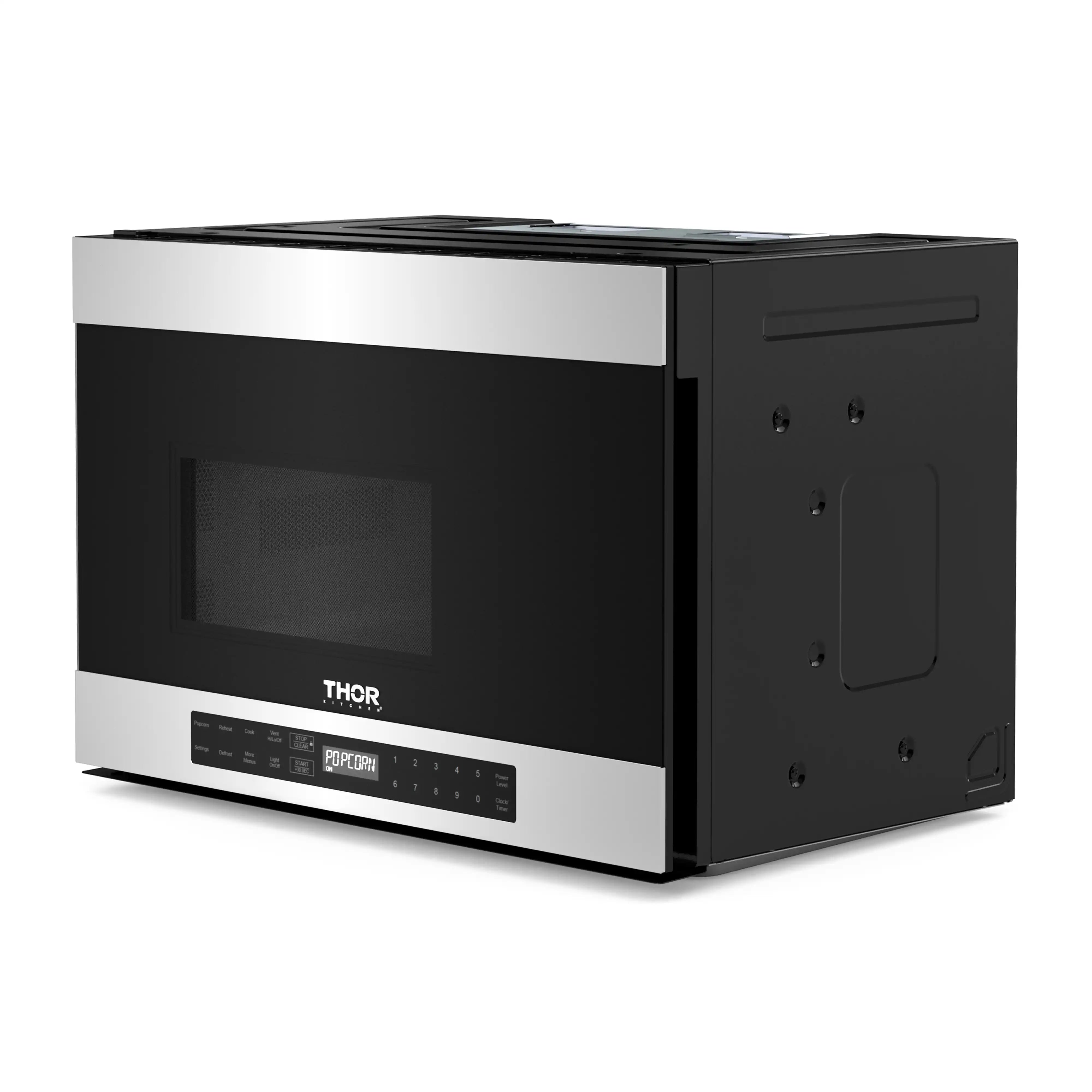 Thor Kitchen over-the-range microwave and vent hood, front angled view, black with stainless trim