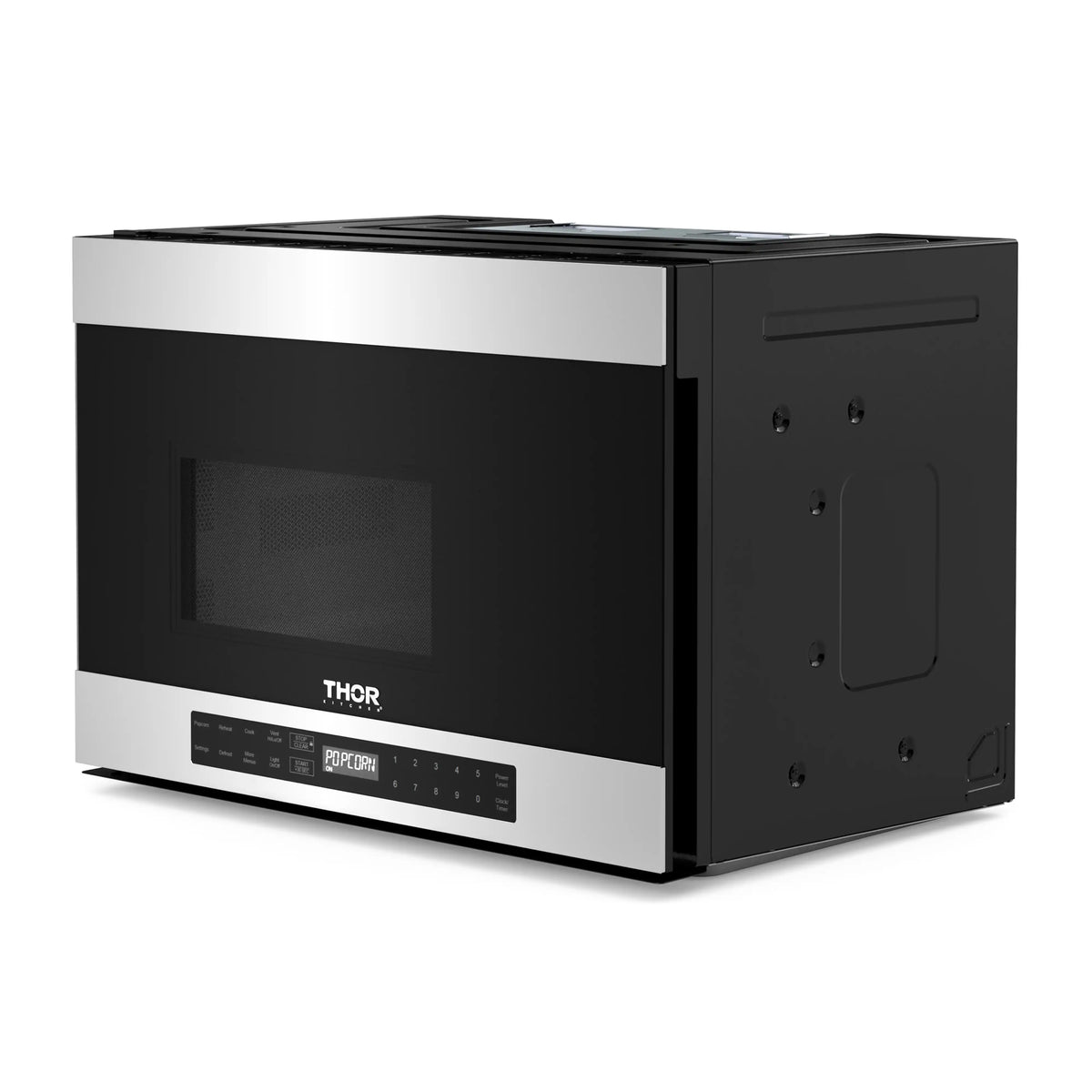 Over-the-range microwave with black glass door and stainless steel body, angled view