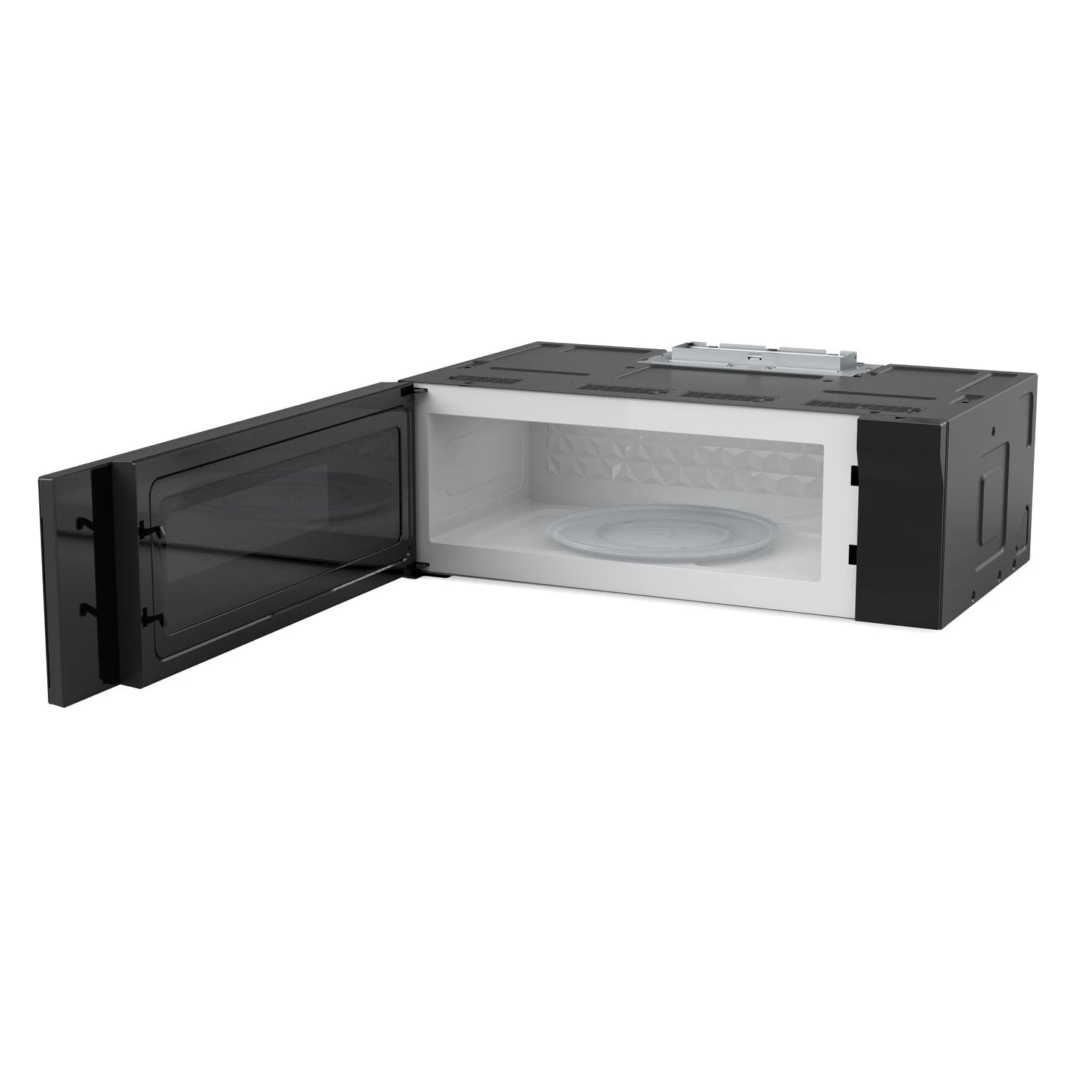 Thor Kitchen over-the-range slim microwave and vent hood, open door showing turntable area
