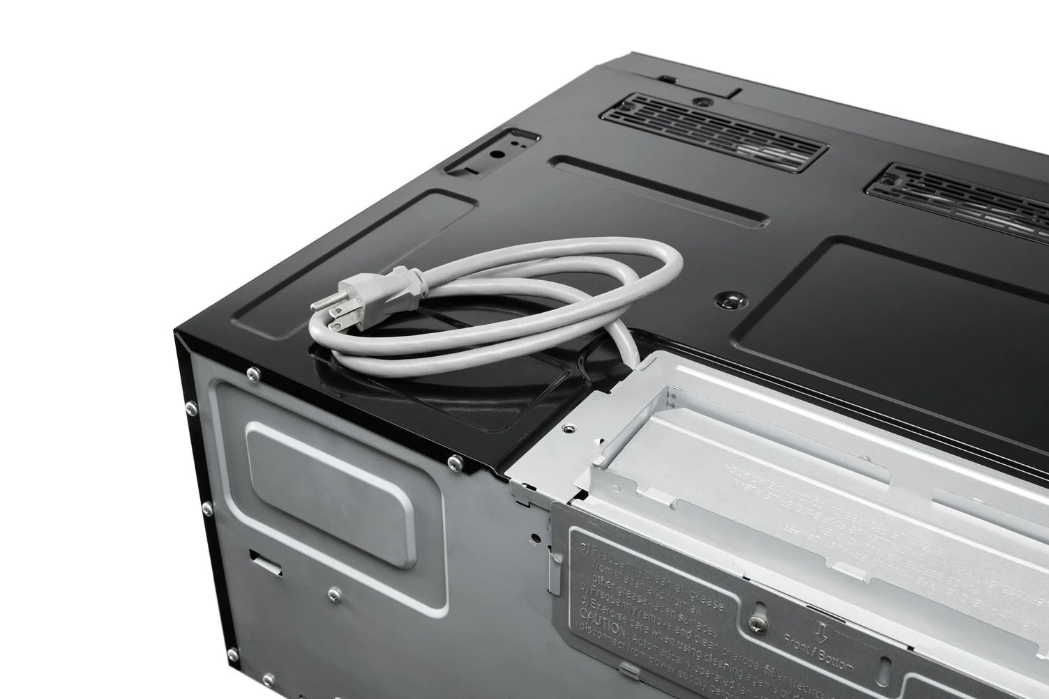 Thor Kitchen over-the-range slim microwave and vent hood, open interior with power cord
