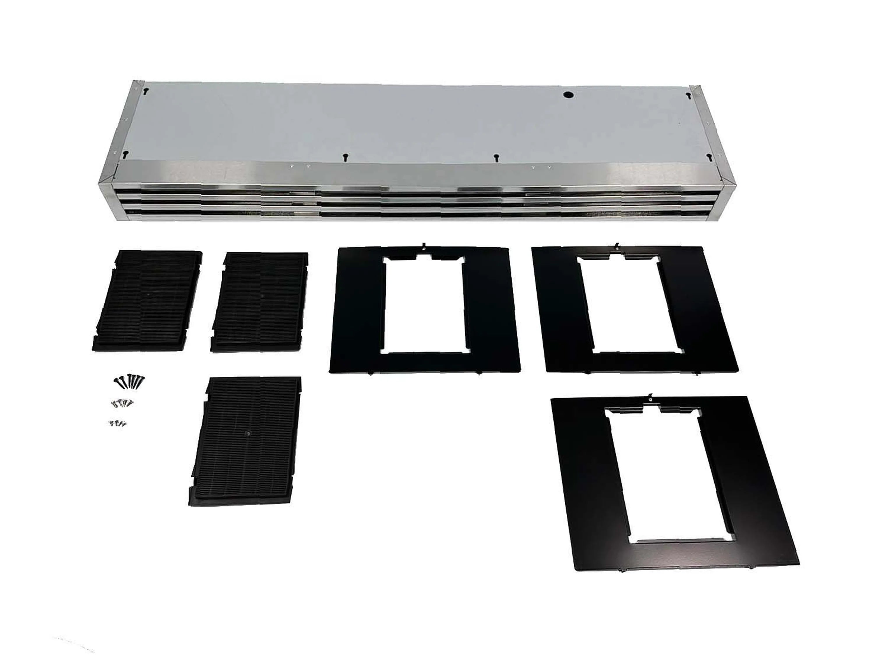 Recirculating range hood kit parts set with black panels and small mounting hardware