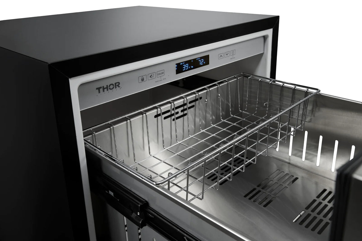 Stainless steel double drawer refrigerator/freezer with freezer drawer open and wire rack