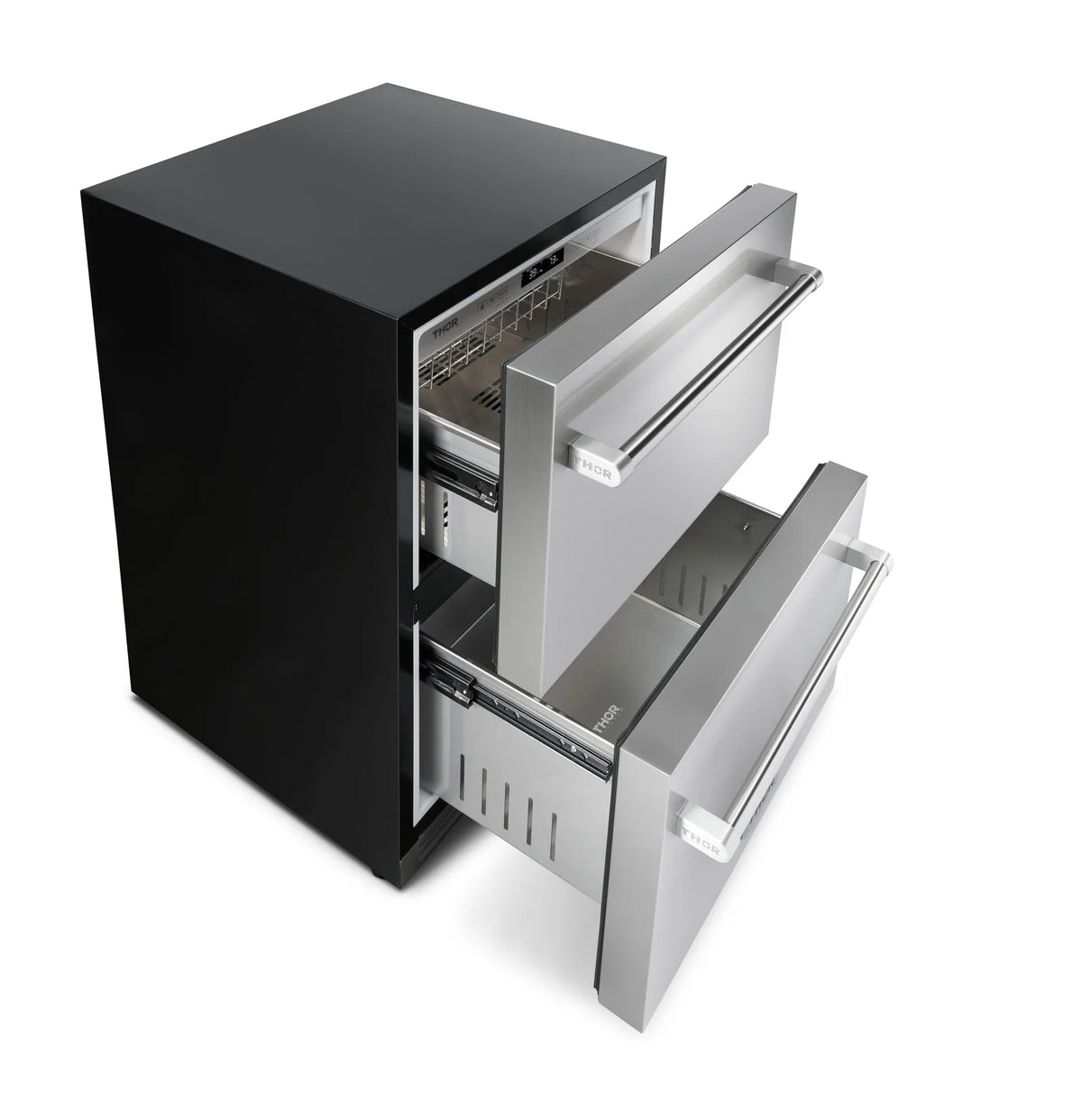 Outdoor gas grill with open side and top compartments, stainless shelves, THOR
