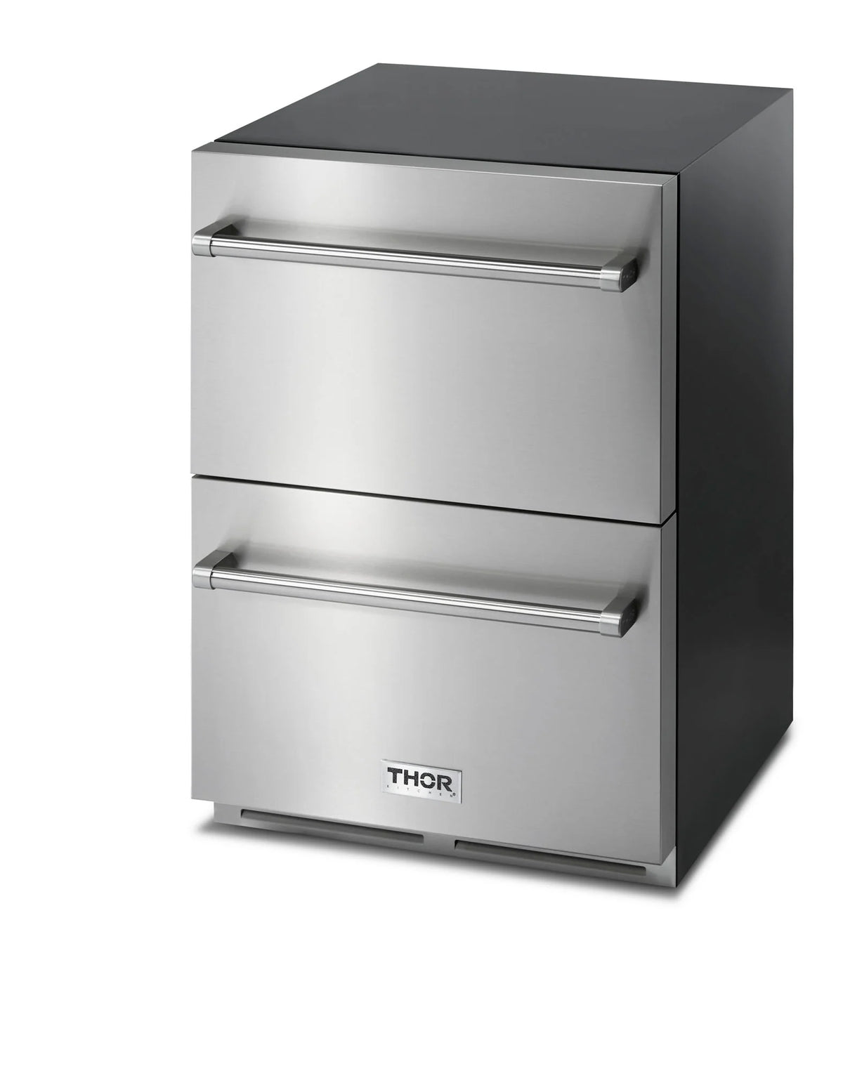 Stainless steel double-drawer refrigerator and freezer with two front drawer handles