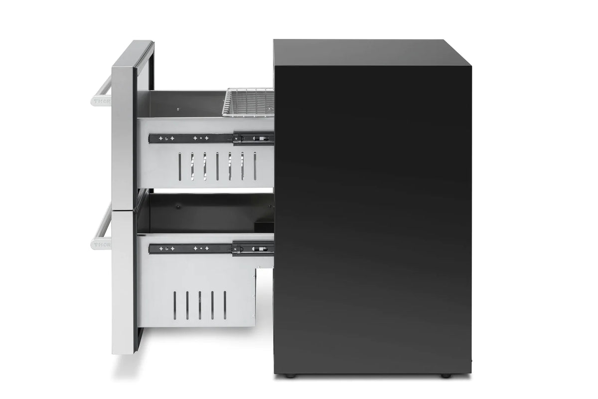 Stainless steel double-drawer refrigerator and freezer with two drawers opened