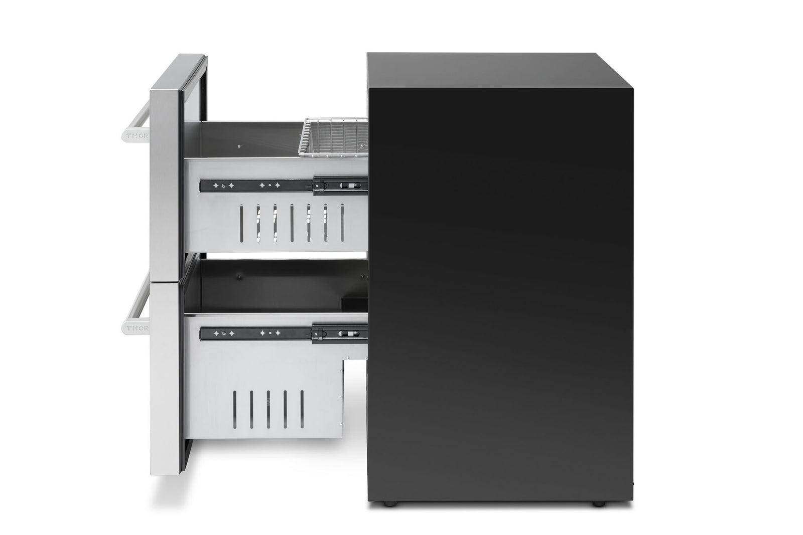 THOR outdoor gas grill with side cabinet open, condiment tray and control knobs visible