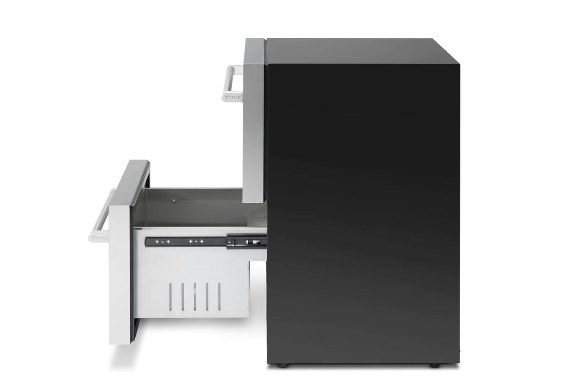 Stainless steel double-drawer refrigerator and freezer with side drawer opened