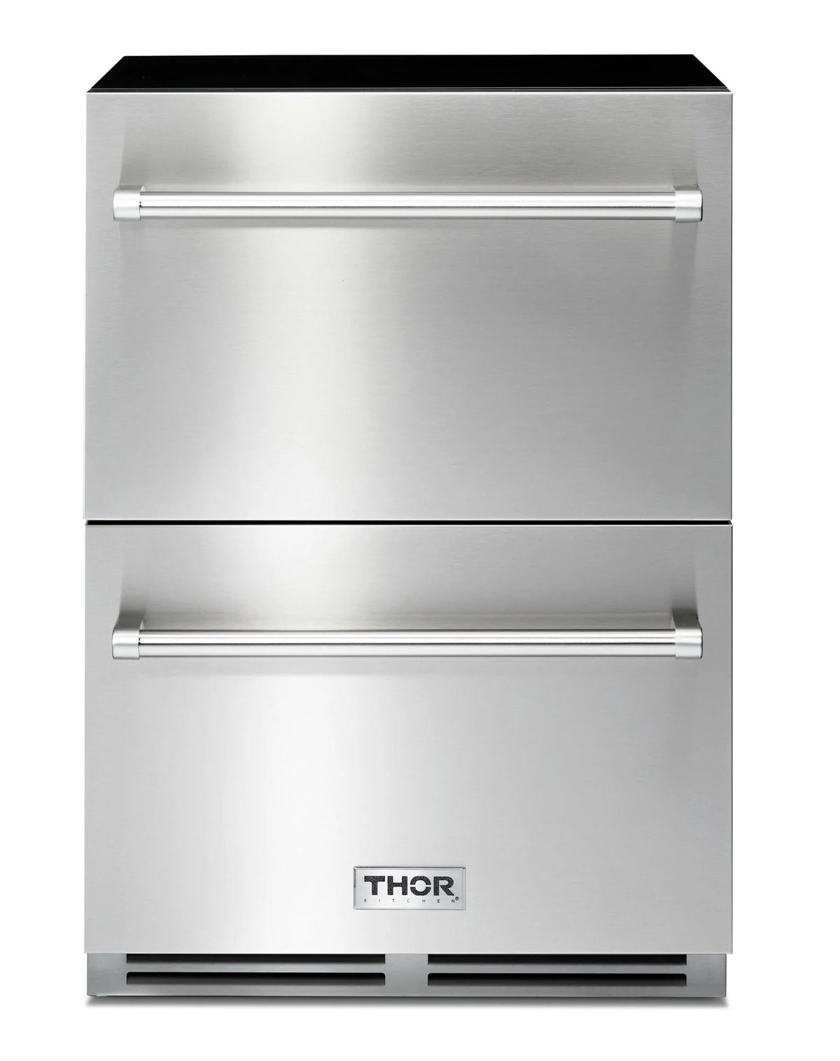 Stainless steel outdoor grill with black hood, two control shelves, and THOR logo