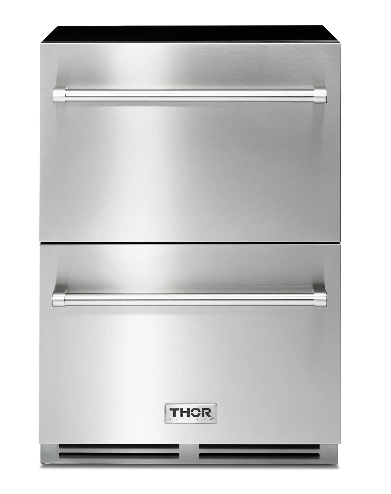 Stainless steel double-drawer refrigerator and freezer, front view with THOR badge
