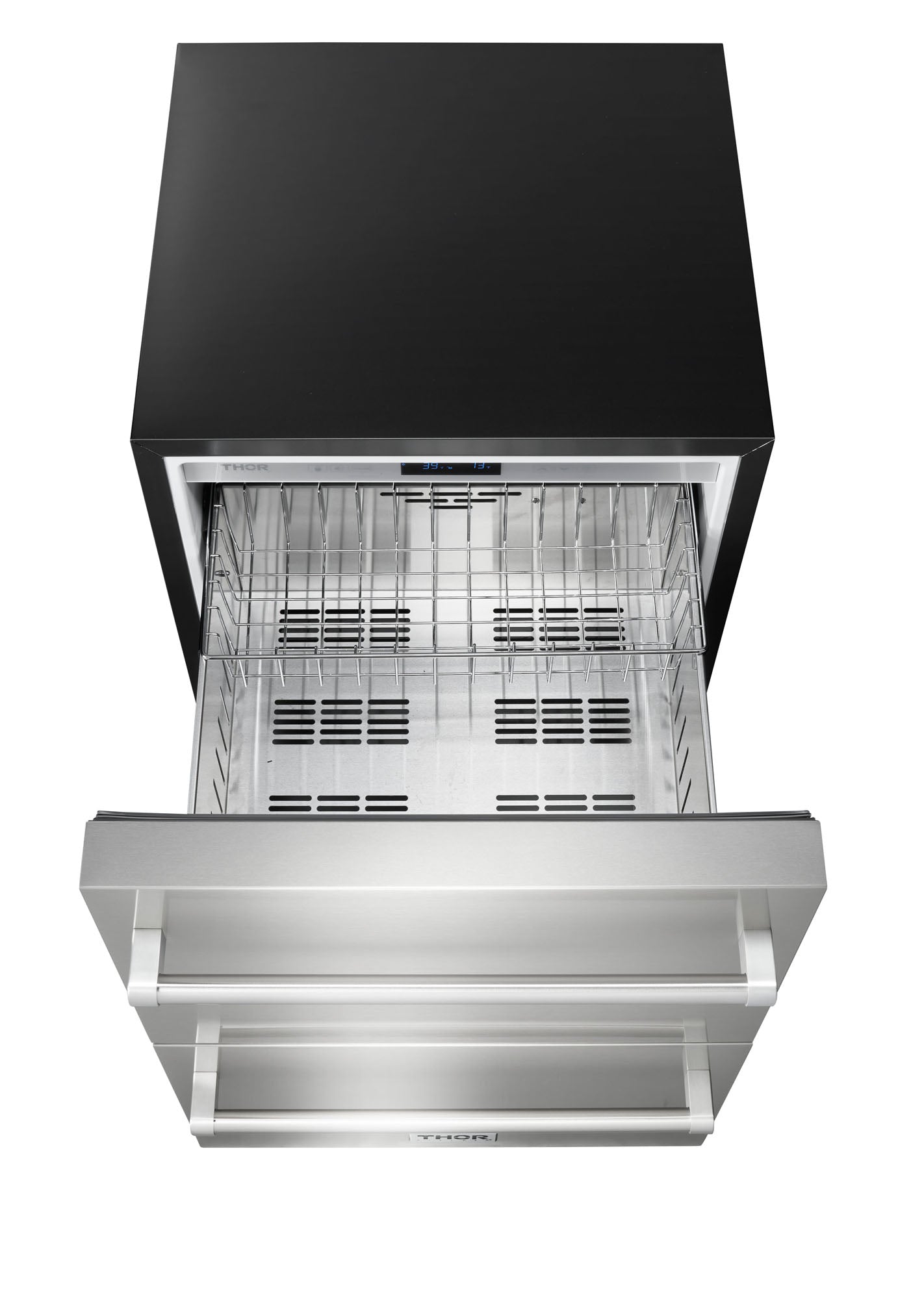 Outdoor natural gas grill with black lid open, interior racks visible